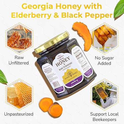 Miniatura 3 de SUPER HONEY Miel cruda sin filtrar Georgia con saúco, cúrcuma y pimienta negra - Mezcla ayurvédica de miel cruda para té - Tarro de miel de vidrio