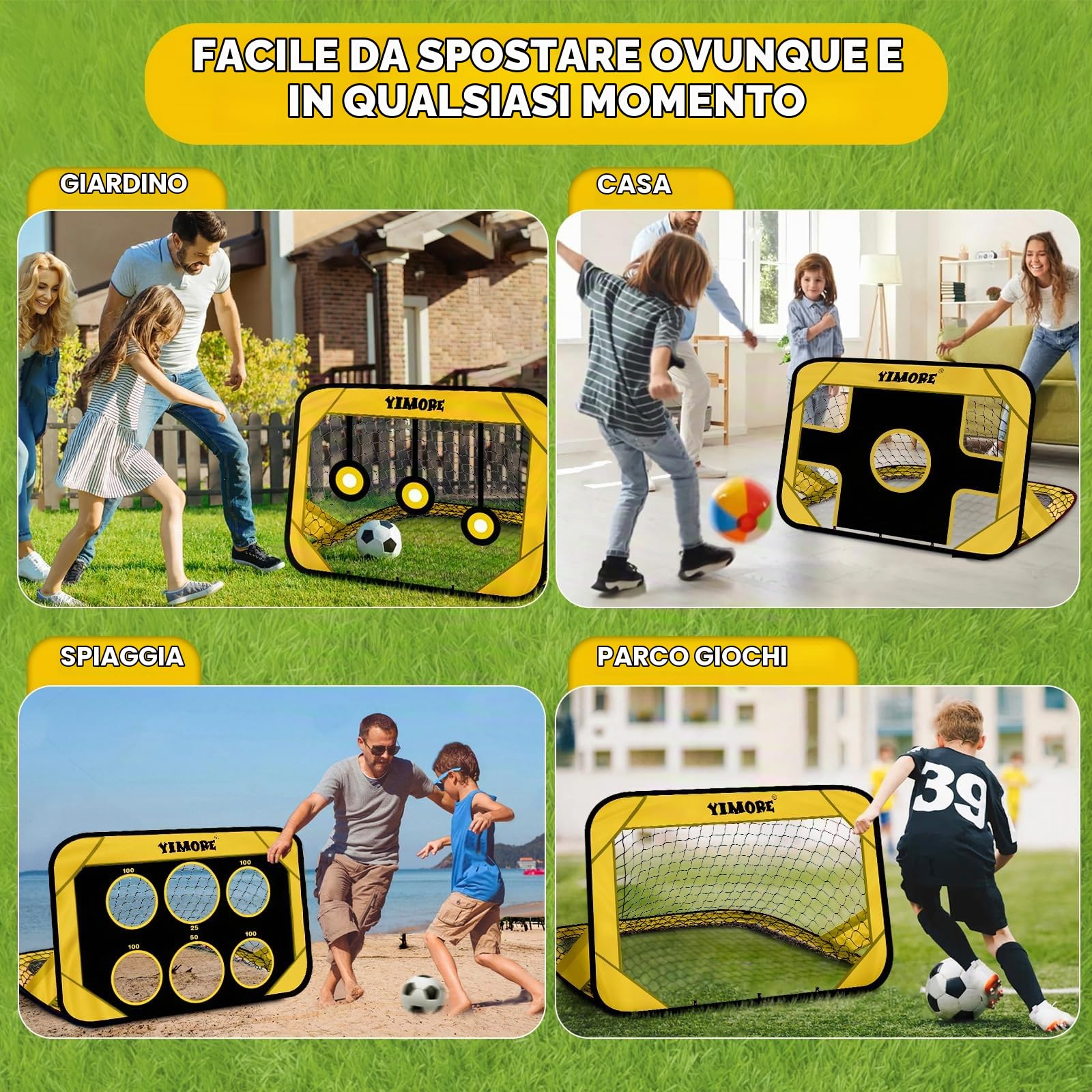 Yimore Porte da Calcio per Bambini, 4 Modalità Pop-up Porta da Calcio da Giardino, Pieghevole con Borsa per Trasporto, 120 x 80 x 80 cm, Regalo per Bambini