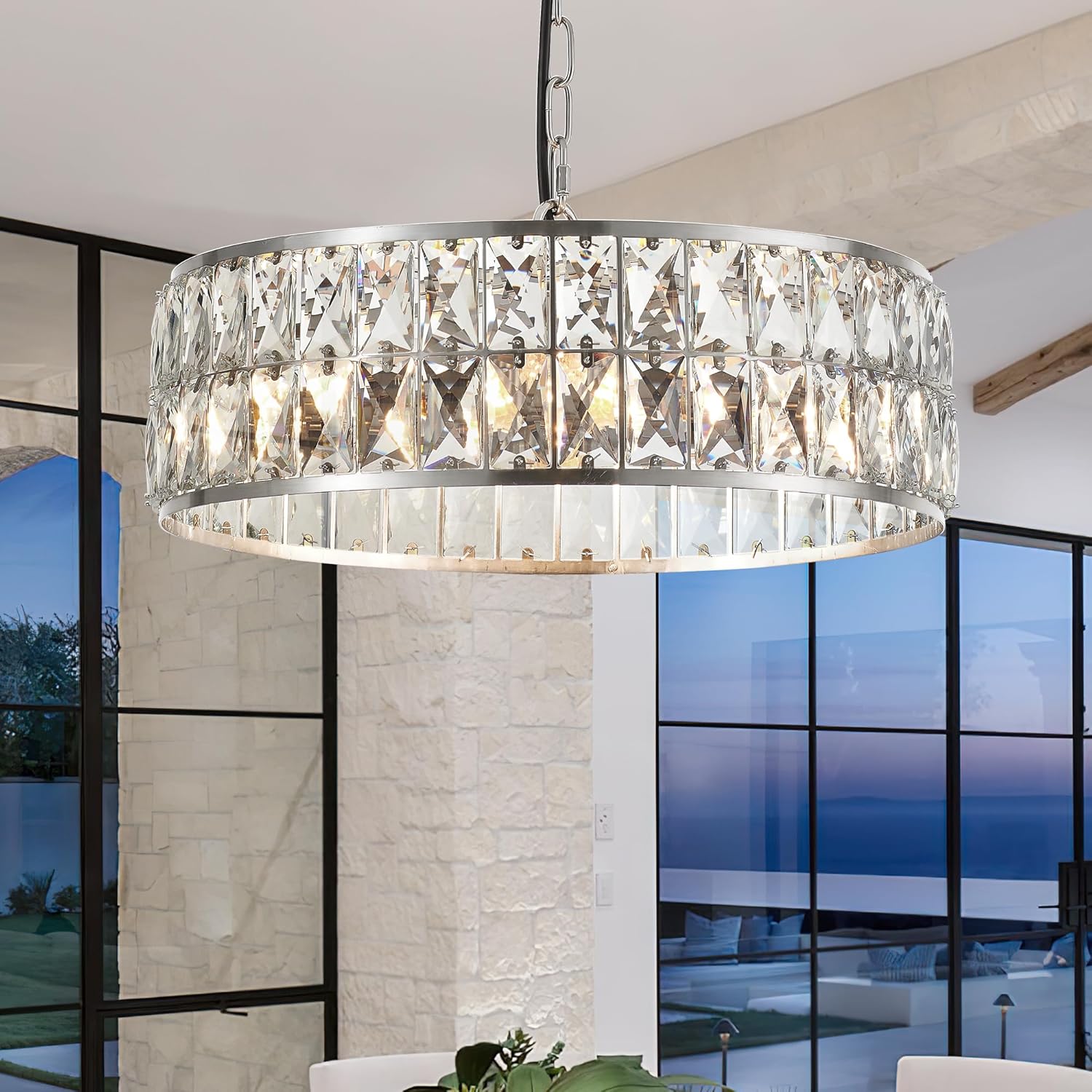 16” 4-Light Modern Crystal Chandeliers Nickel Dinning Room Light Fixture, Round Pendant Light Kitchen Island Chandelier, Flush Mount Ceiling Light for Living Room Entryway Bedroom Foyer Nickel Round D16”-Chain