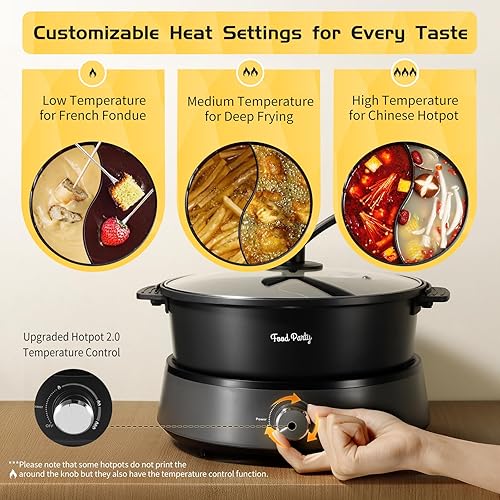 Miniatura 3 de Food Party Olla eléctrica de doble cara 110 V 1350 W antiadherente 4L Fondue Pot Pot con divisor para 2-6 personas