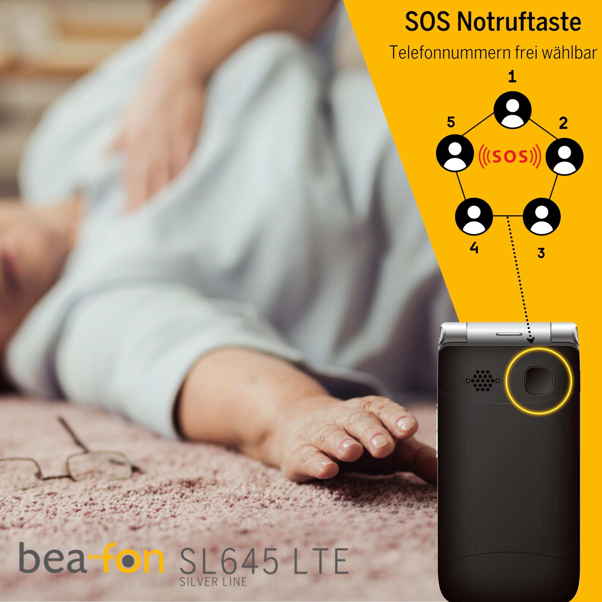 Beafon, SL645, LTE 4G, Silverline, telefon komórkowy dla seniorów z przyciskiem alarmowym SOS, telefon składany, wyświetlacz XXL 2,8" (7,11 cm), kolorowy wyświetlacz zewnętrzny XXL 4,49 cm (4,49 cm