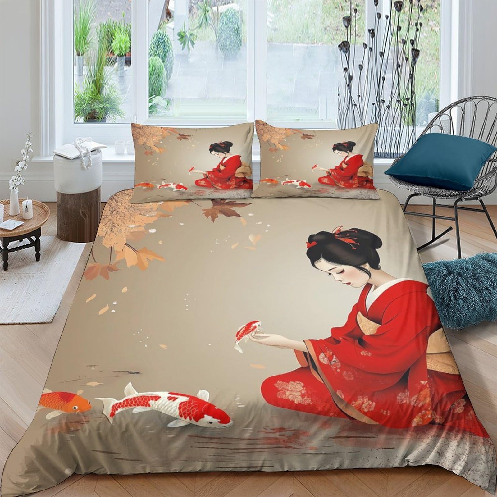 Ctjqhvkz Style-1 3D Printed Japanese Geisha Fitted Sheet Microfiber Beige Red Koi Fish Bed Cover For Bedroom Dorm Mattress Protection Decor Single（135X200cm）