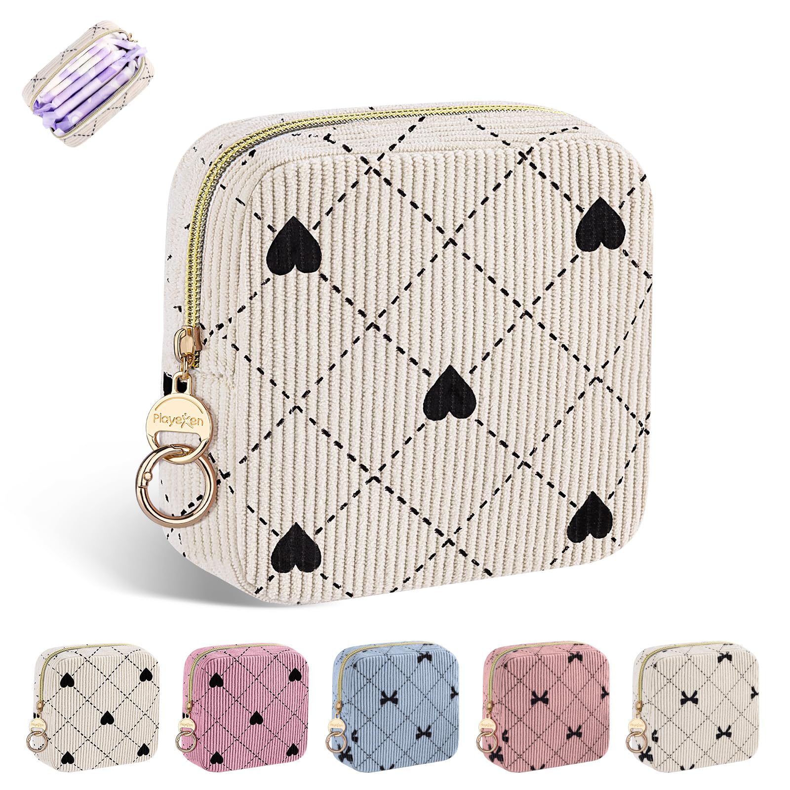 Period Bag for Teen Girls, Corduroy Hearts Sanitary Napkin Storage Bag, Cute Menstrual Pad Pouch Tampon Holder for Purse (Hearts-Beige)