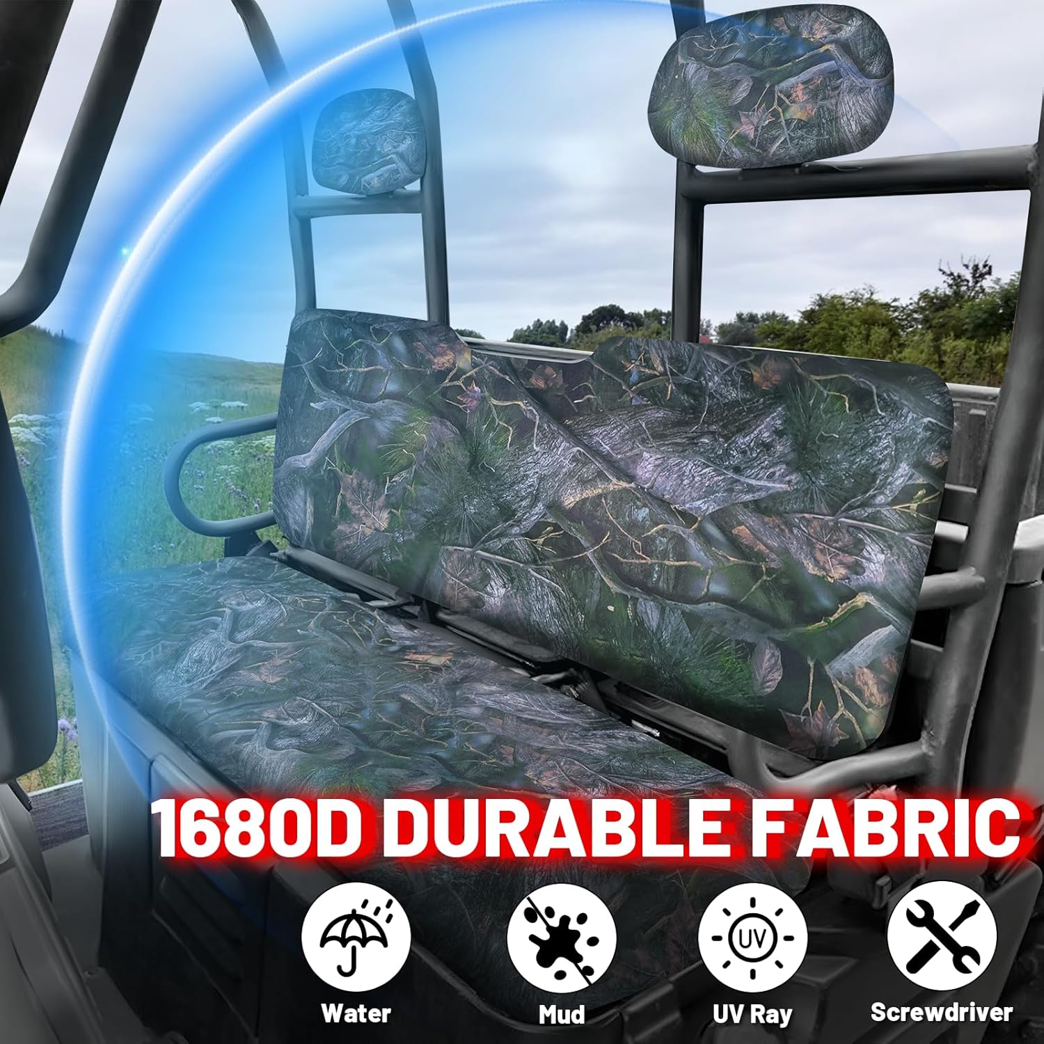 StarknightMT UTV Ranger Seat Covers, Camo Waterproof Seat Covers Compatible with Polaris Ranger 500 700 800 2002-2008 Durable 1680D Fabric with Waterproof PU Coating Camo Bench Seat Cover