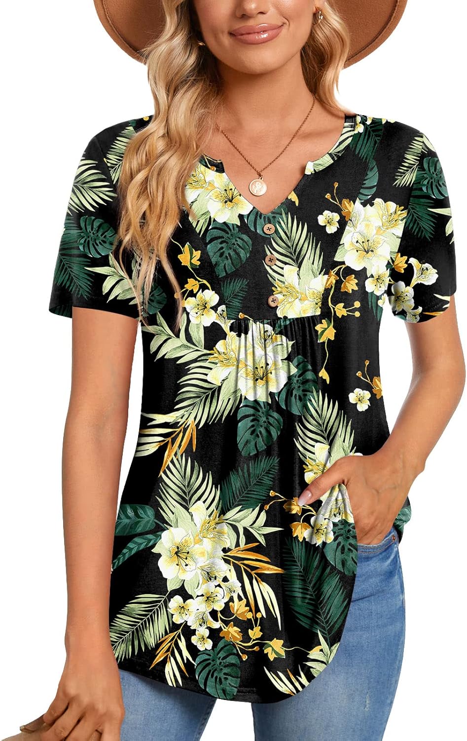 CATHY Womens Short Sleeve Tunic Tops Henley Shirt V Neck Button Up Blouse Casual Pleated Basic Pullover - Image 2