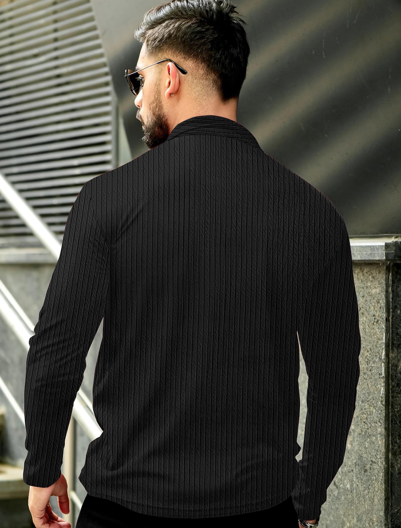KAJARU Men's Quarter Zip Pullover T-Shirt, Cable Knit Pattern, Full Sleeve (in, Alpha, XL, Black) - Image 4 thumbnail
