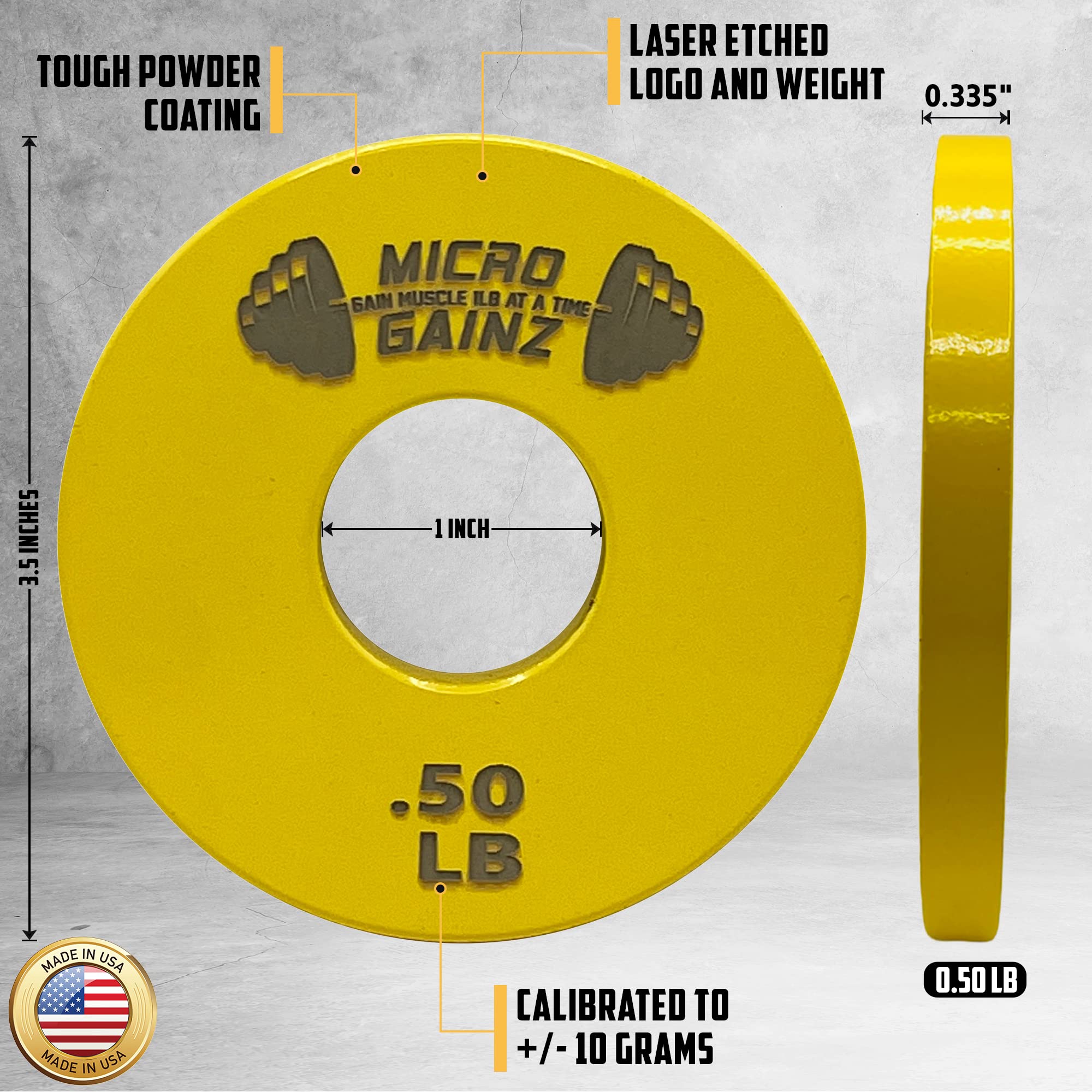 Micro Gainz Standard 1-Inch Center Hole Yellow .50LB Fractional Weight Plates 8 Piece Set- Designed for Standard 1-Inch Barbells and Dumbbells, Made in USA