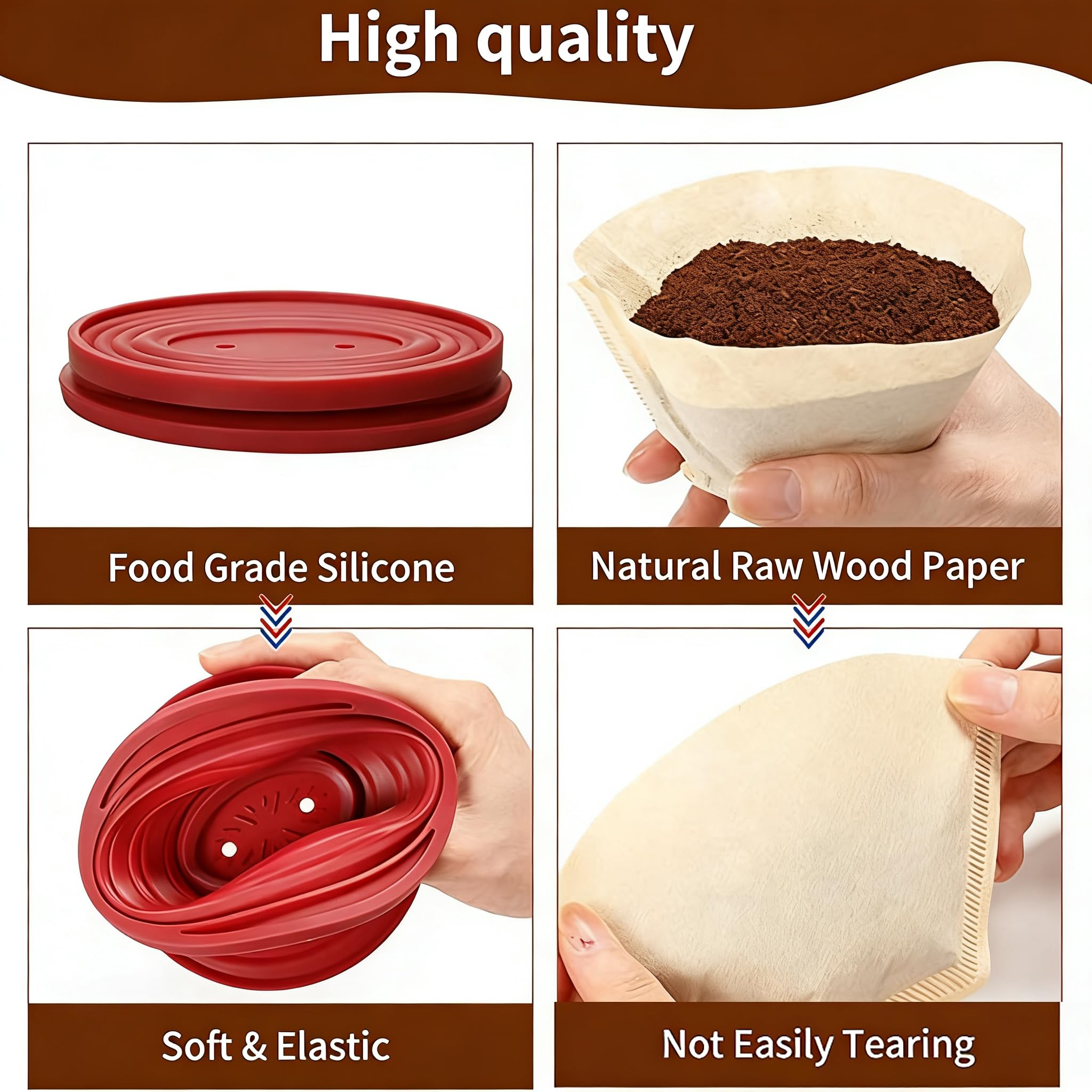 Collapsible Faltbarer Silikon Kaffee Tropfer mit 50 Papierfiltern Wiederverwendbarer Kaffeefilter für Zuhause Camping Reise Büro Groß Kegel V02 2-4 Tassen Rot