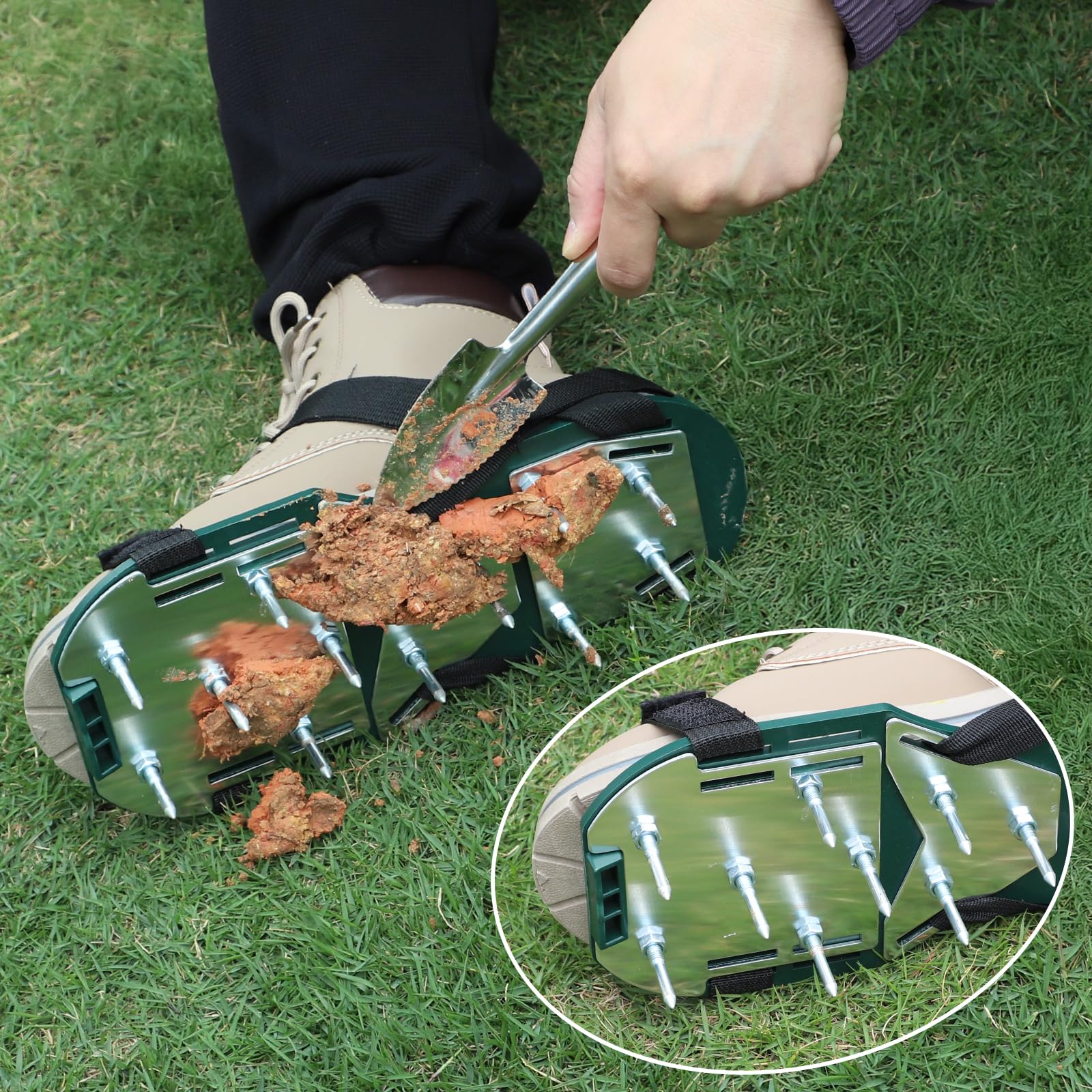 LALAGO 1 Coppia Arieggiatore Prato Scarpe Chiodate Verde, Sandalo Livellatore per Ventilator con Velcro e Spatola, Scarificatore Arieggiatore Manuale, Scarpe per Arieggiare per Cortile Giardino