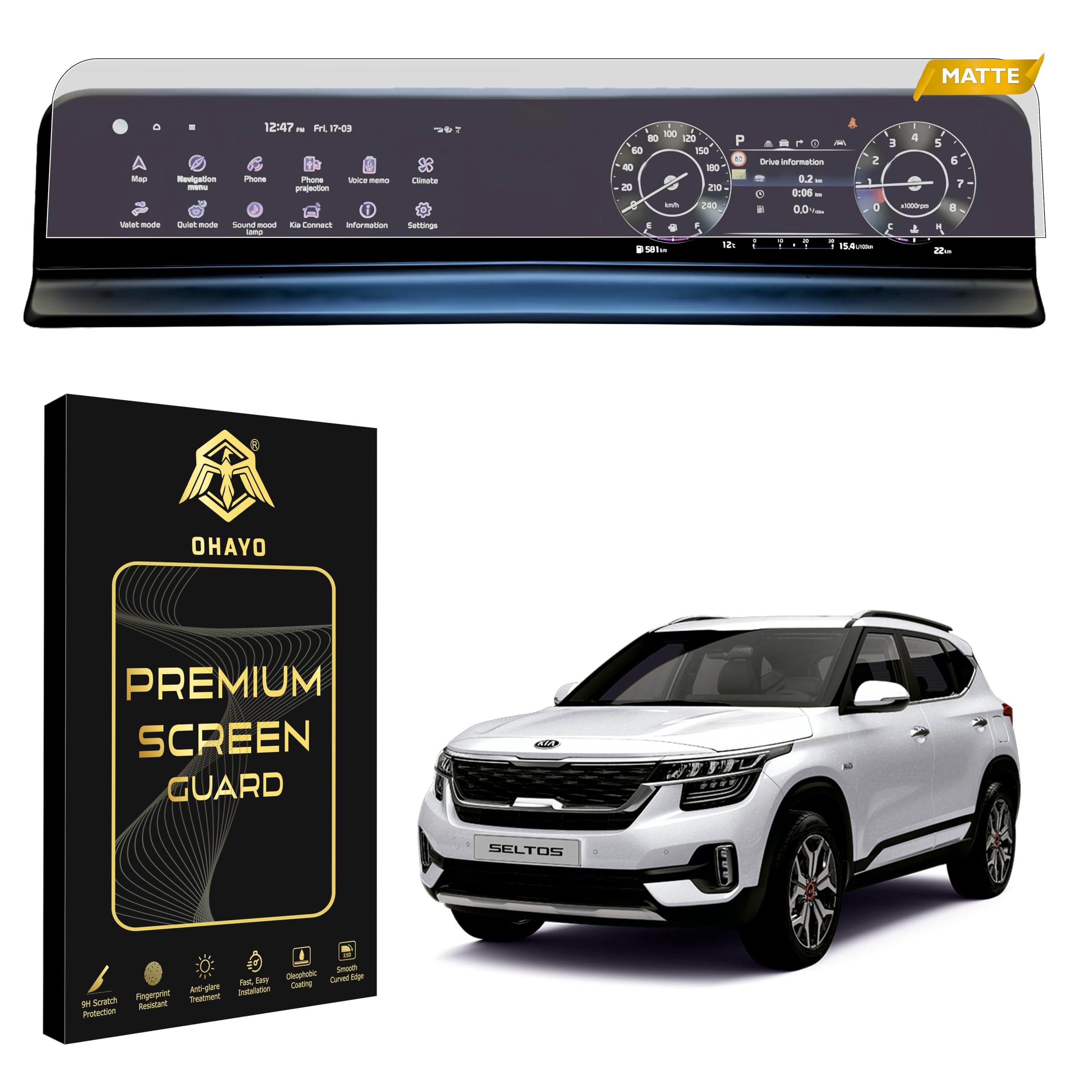 OHAYO 9H Hard Screen Protector for New Kia Seltos 2023 Facelift (HTX, HTX+, GTX+) – Dual Full Touch Infotainment Display & AC Panel Guard | Military Strength, Scratch Resistant, HD Clear | Not Tempered Glass-image-11