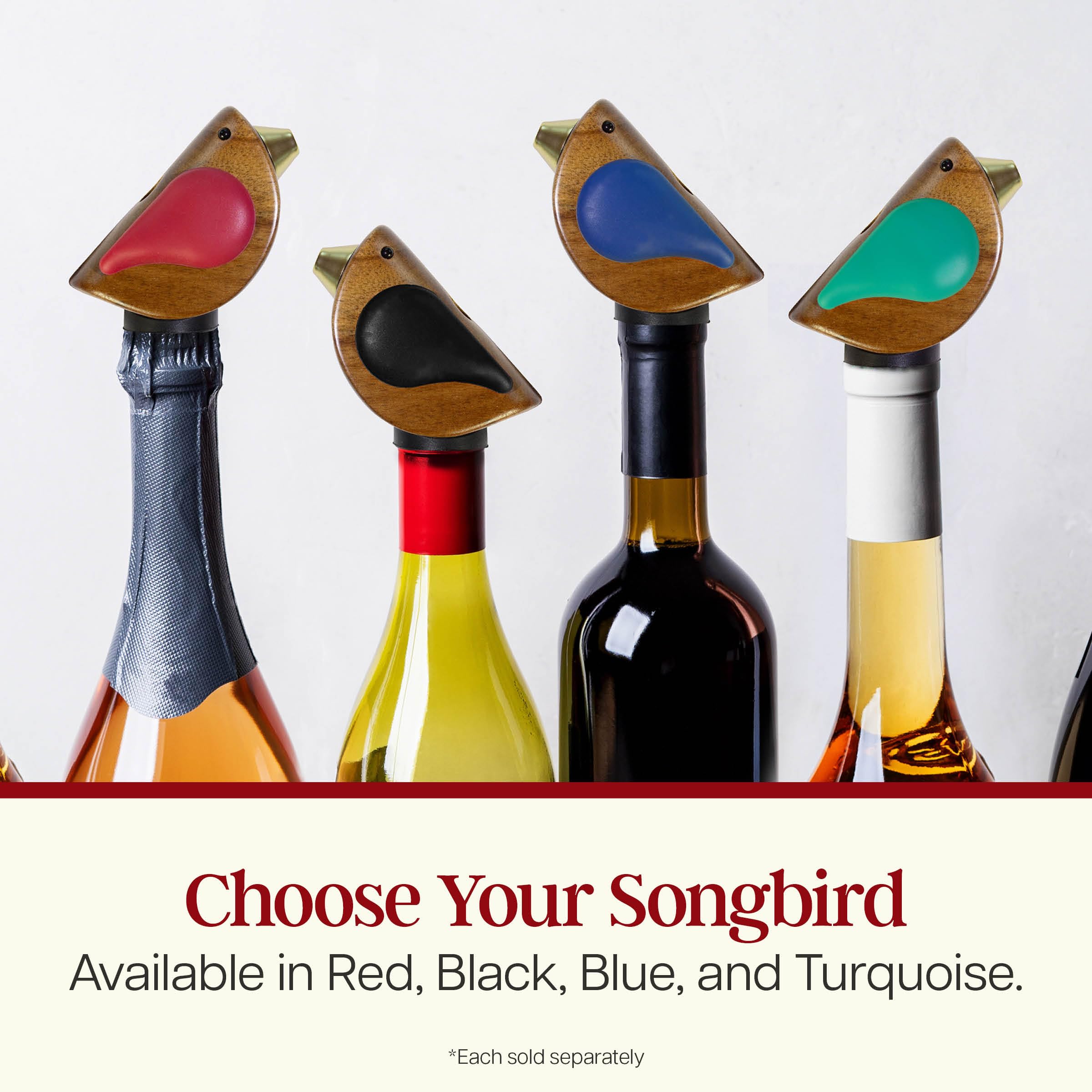 Songbird Specialties Vertedor de botellas de vino, divertido vertedor de vino canta mientras se vierte, sellador hermético de botellas de vino, madera de acacia con alas rojas