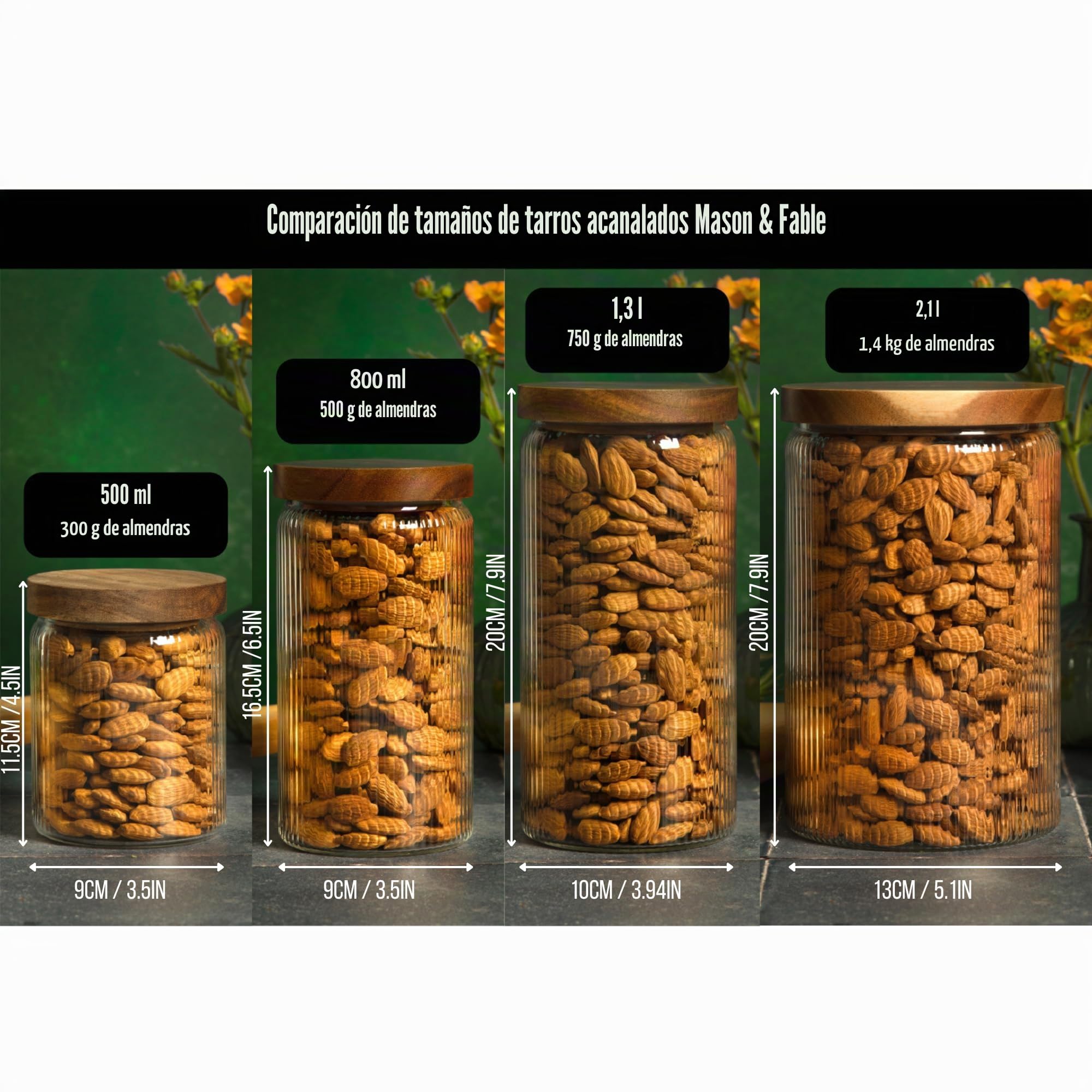 Mason & Fable Tarro de vidrio acanalado con tapa de madera de 70 onzas líquidas, juego de 2 | Contenedor de almacenamiento hermético acanalado para galletas, pasta, café, golosinas para perros