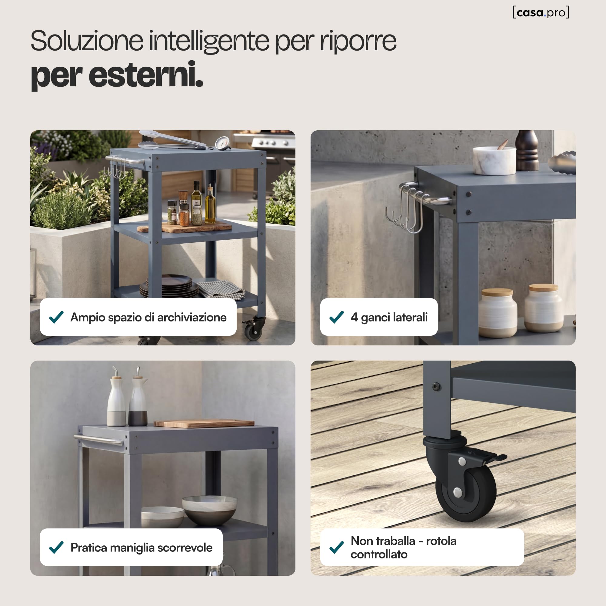 casa.pro Carrello Portavivande da Giardino in Acciaio con 3 Ripiani e Ruote Carrello Portatutto Da Cucina Servizio Portata a Rotelle 81x50x50 cm - Grigio Scuro opaco