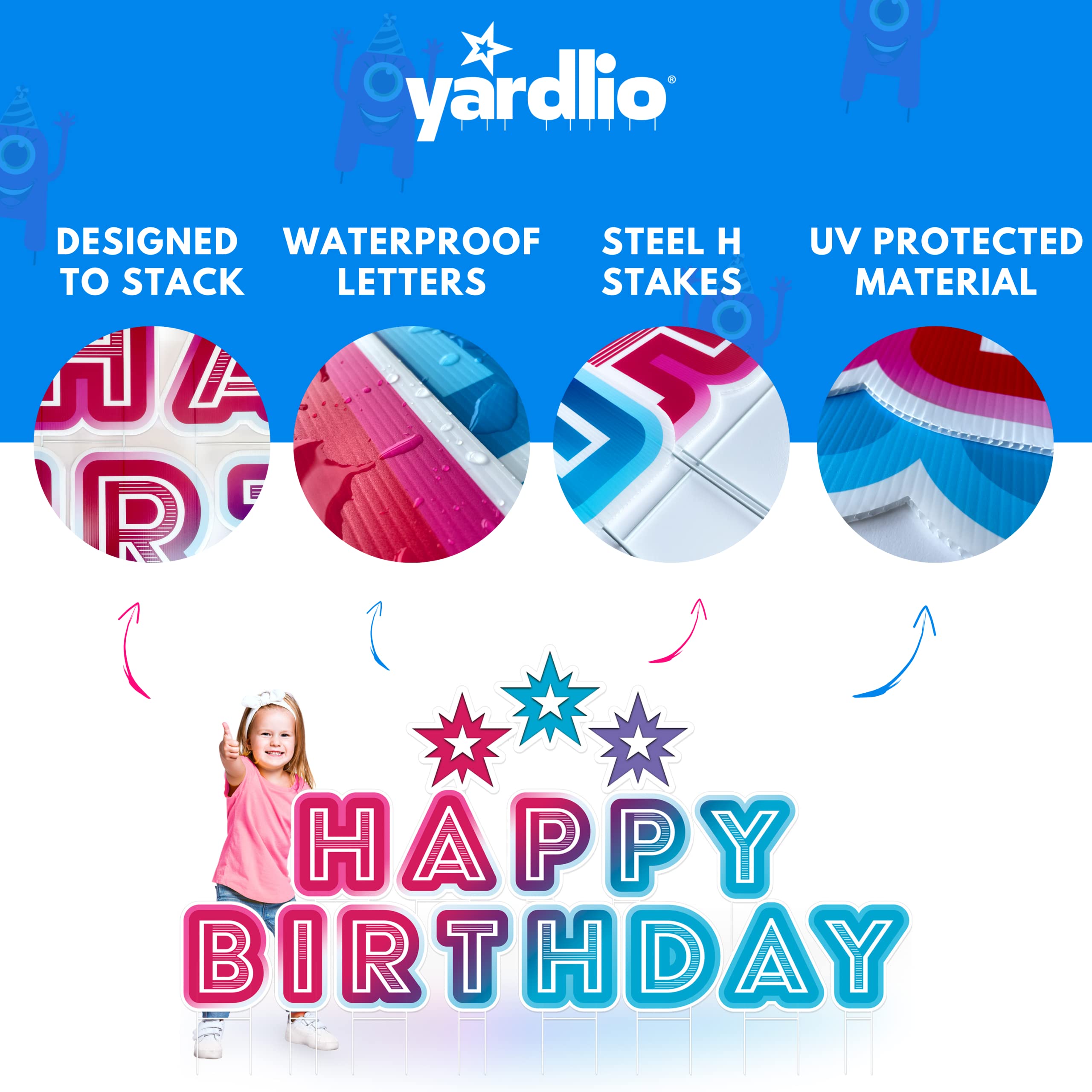 Yardilio 'Happy Birthday' znak ogrodowy - nie blaknie ani nie łuszczy się baner urodzinowy 3 w 1 - żywy kolor, odporny na warunki atmosferyczne i wielokrotnego użytku - trwałe słupki ze stali