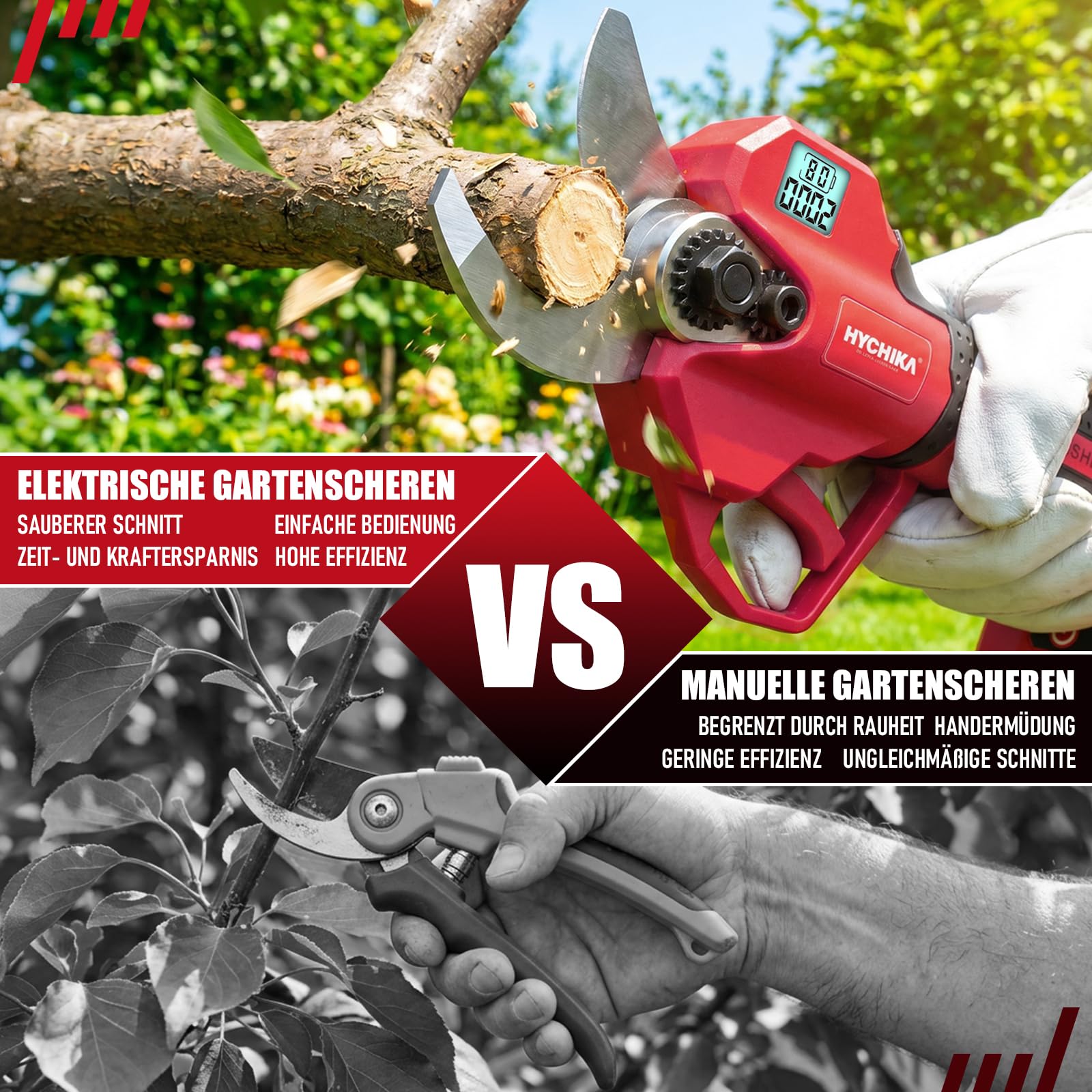 HYCHIKA akku astschere 21 V mit Akku bis 30 mm für Baumpflege | Profi Astschere mit langlebigen SK5 Klingen und LCD-Display. Inklusive 2x 1.5Ah Batterien, ideal für Hecken.