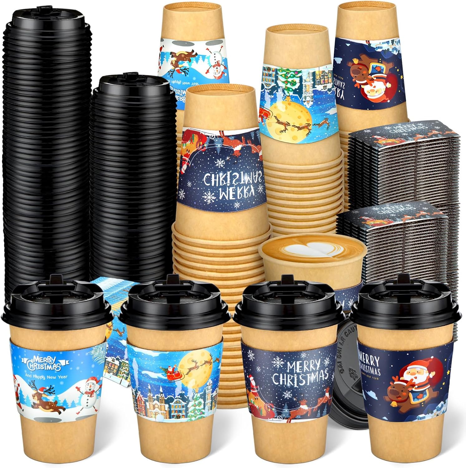 300 Pcs Christmas Disposable Coffee Cups with Lids and Sleeves 12 oz Christmas Paper Drinking Hot Cocoa Chocolate Cups for Xmas Holiday Daily Holiday (Brief Style)
