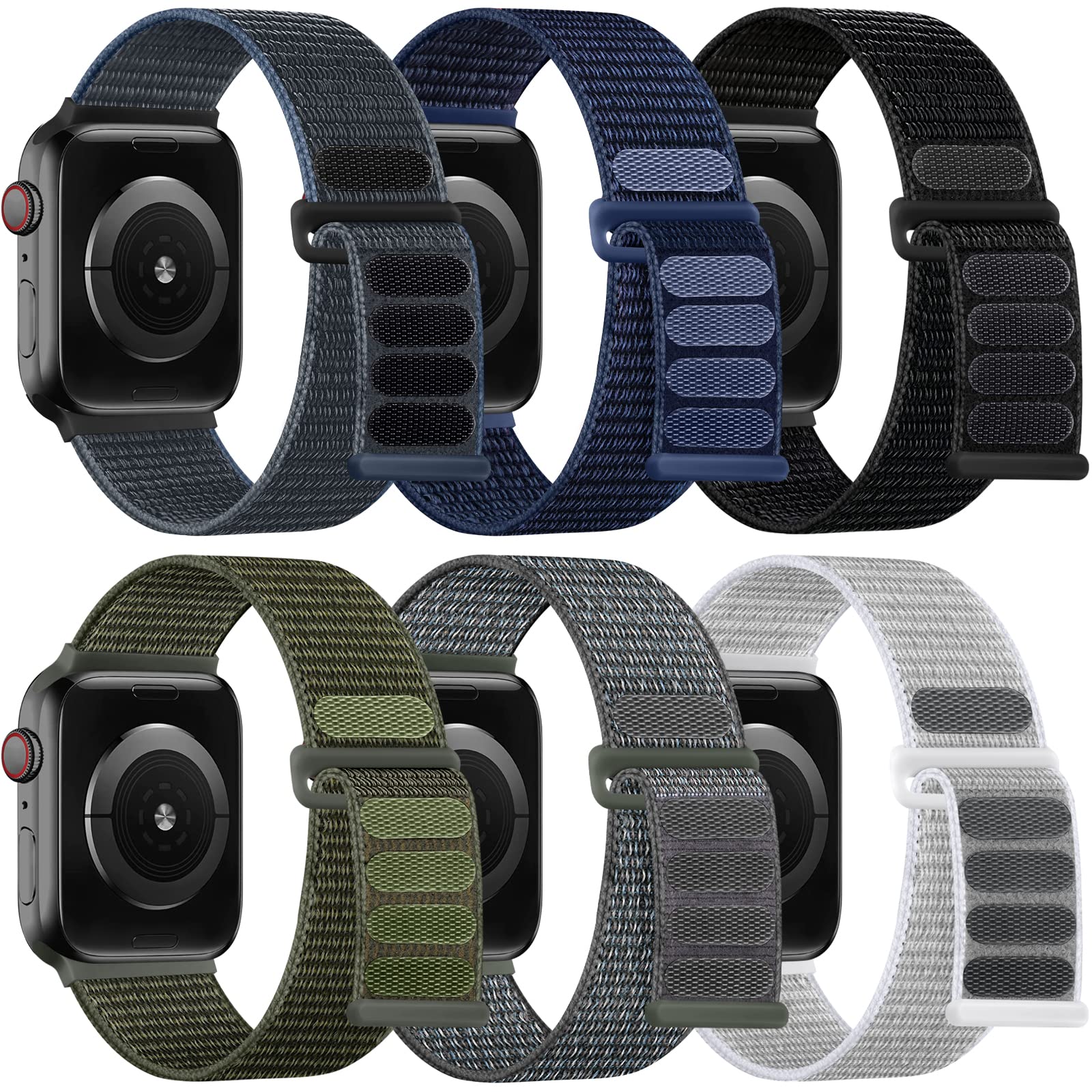 WJK Stretchy Sport Nylon Straps Compatible with Apple Watch Bands 38mm 40mm 41mm 42mm 44mm 45mm 46mm 49mm for Women Men, Soft Nylon Band iWatch Ultra2 SE SE2 Bands Series 11 10 9 8 7 6 5 4 3 2 1, 6 Pack
