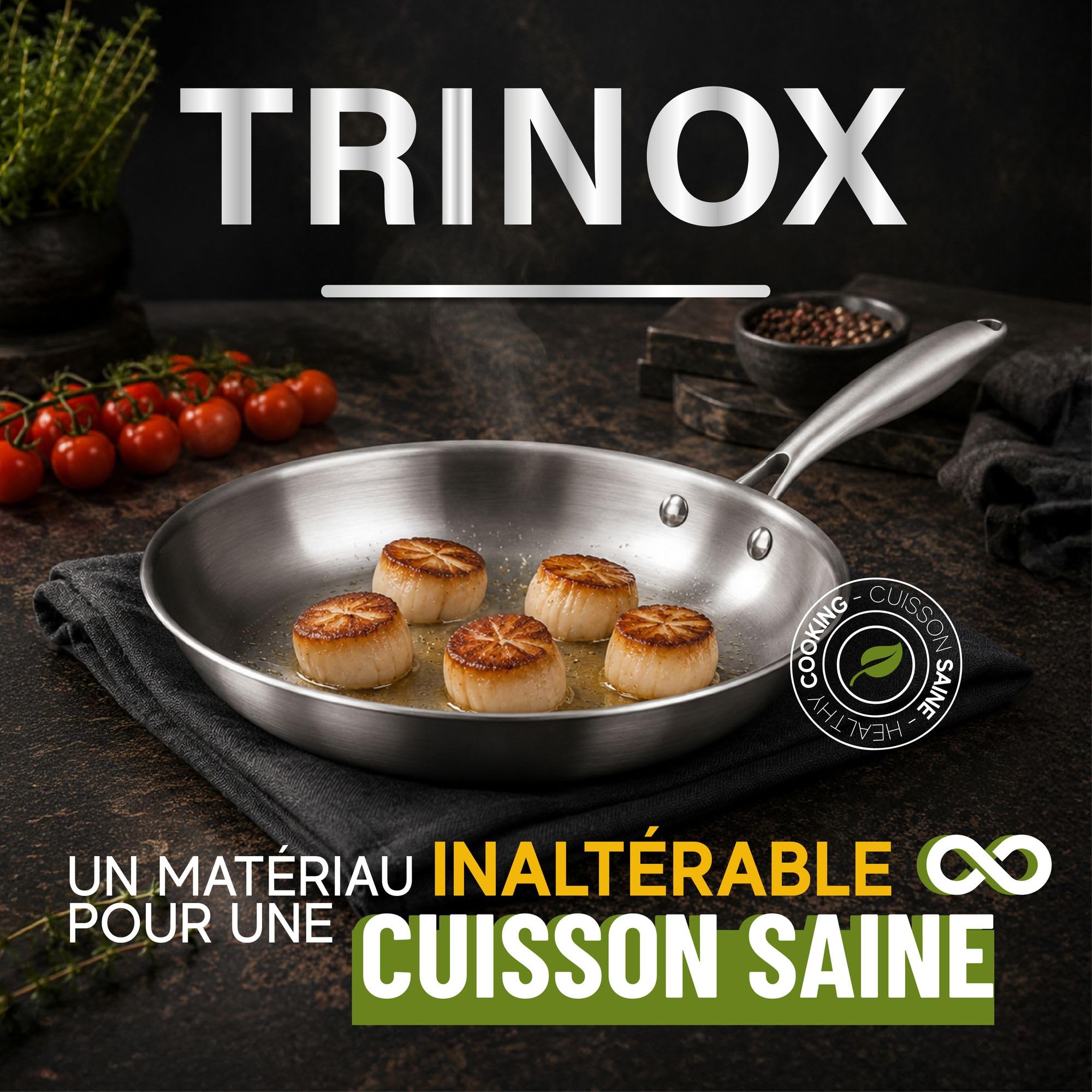 MENASTYL - Poêle inox 28 cm Trinox tous feux dont Induction - Structure 3 couches inox/aluminium - Qualité Professionnelle - Sans substances nocives - Lave-vaisselle - Poignée rivetée - 6020146