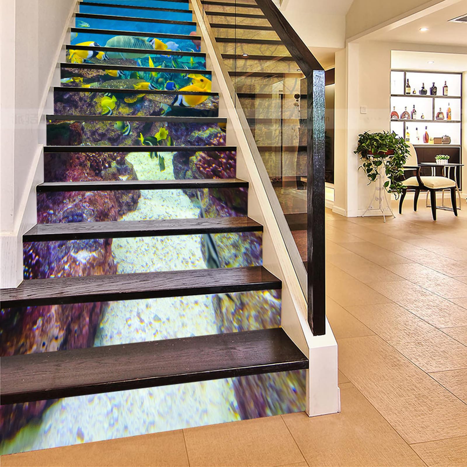Flfk G771 13Pcs Seabed Fish Sea World Scenery Stair Risers Sticker Peel And Sick 39.37"X7.08",Self-Adhesive Staircase Stickers Decals Mural Wallpaper For Home Decor