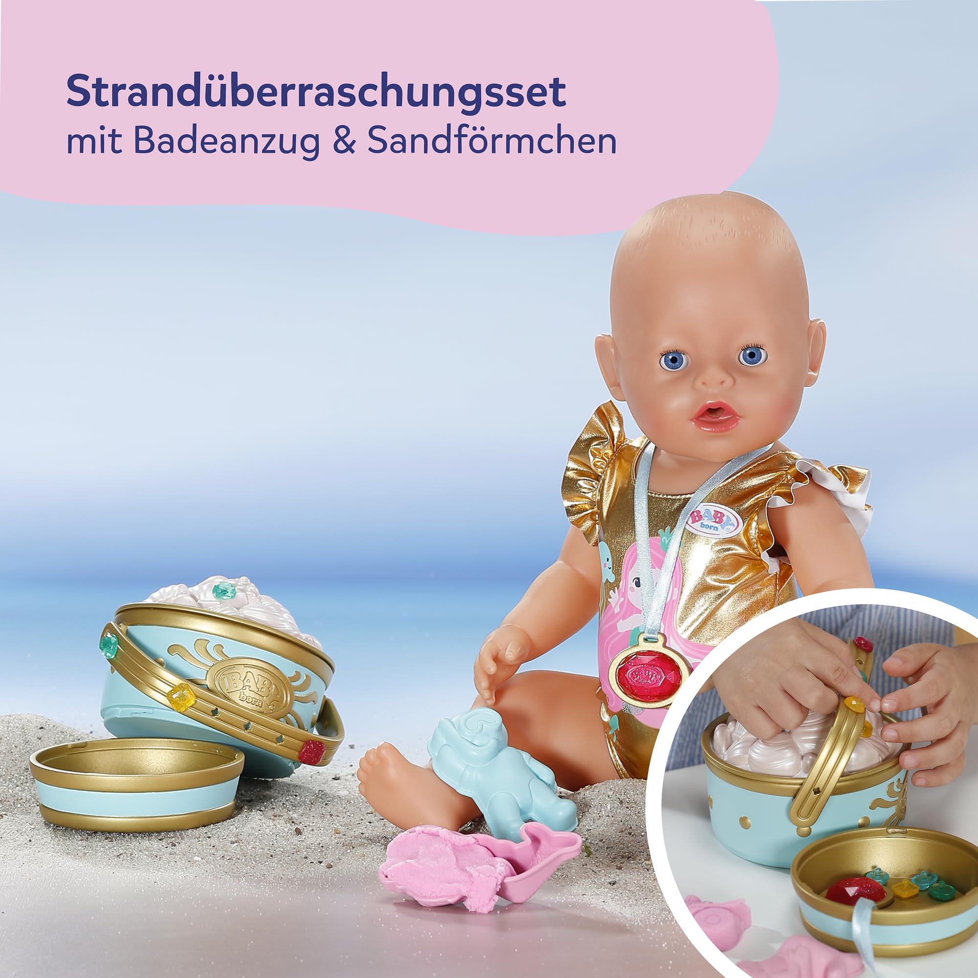 BABY Born Strandüberraschung Set mit Badeanzug im Meerjungfrauen-Print, Sandförmchen, formbarem Sand, Eimer und 5 Überraschungen für 43cm Puppen