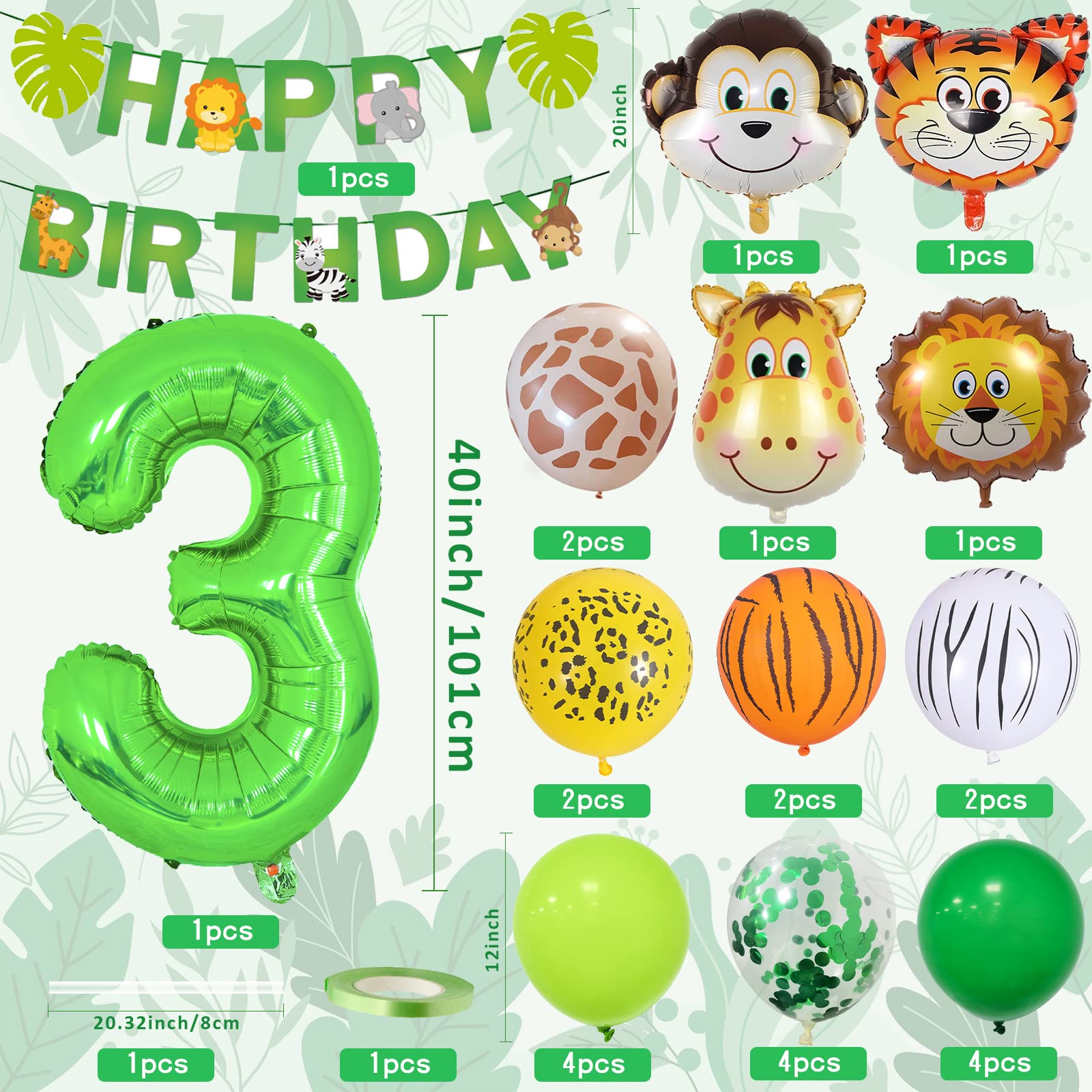 3 Anni Decorazioni Compleanno, Addobbi per Feste Verde Safari Animali della Giungla con Palloncini Animali Safari Striscione Buon Compleanno 40'' 3 Palloncino Foil Verde per Bambino Ragazza Ragazzi