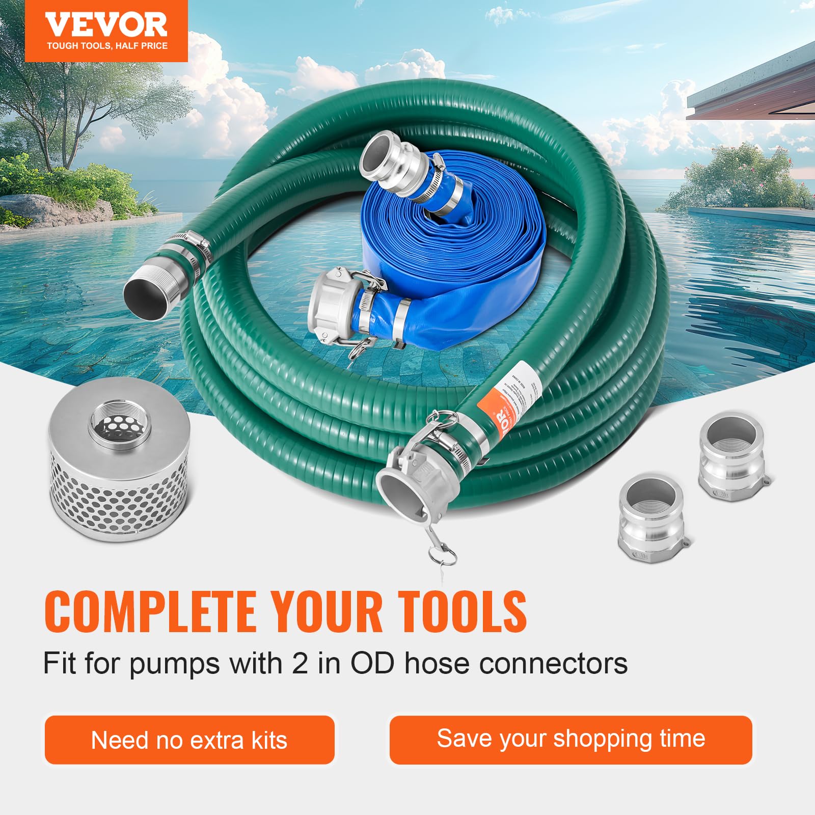 VEVOR Kit de Manguera de Succión para Bomba con Manguera de Retrolavado Azul de 50,8mmx19,81m, Manguera de Succión Verde de 6,1 m y Filtro de Orificio Redondo de Acero, Levas, Abrazaderas, Adaptador
