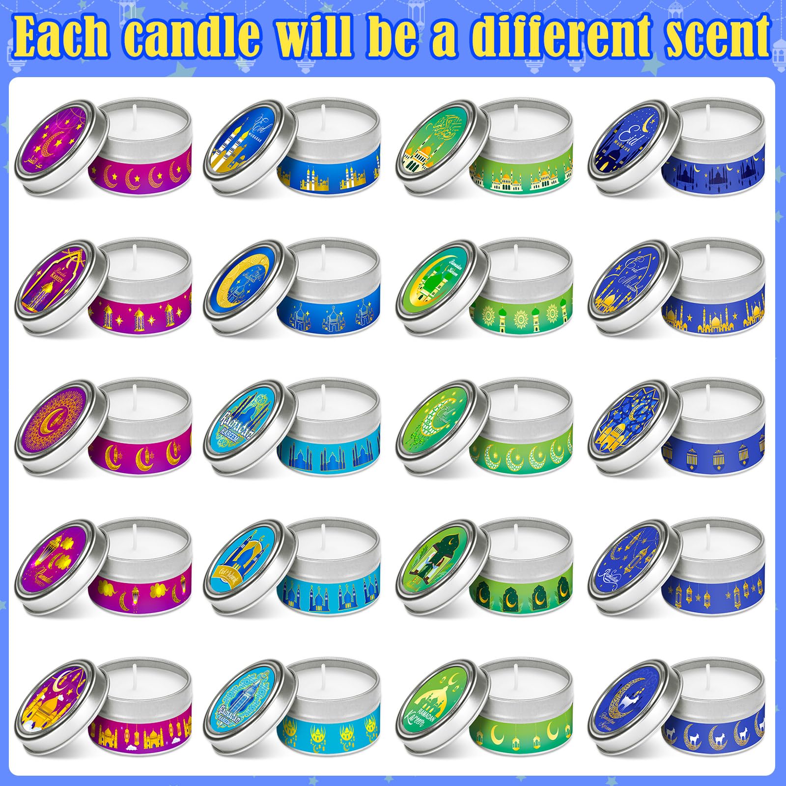 MTLEE 20 Pcs Eid Mubarak Candles - Assorted Scented Candles for Ramadan, Eid, and Meditation
