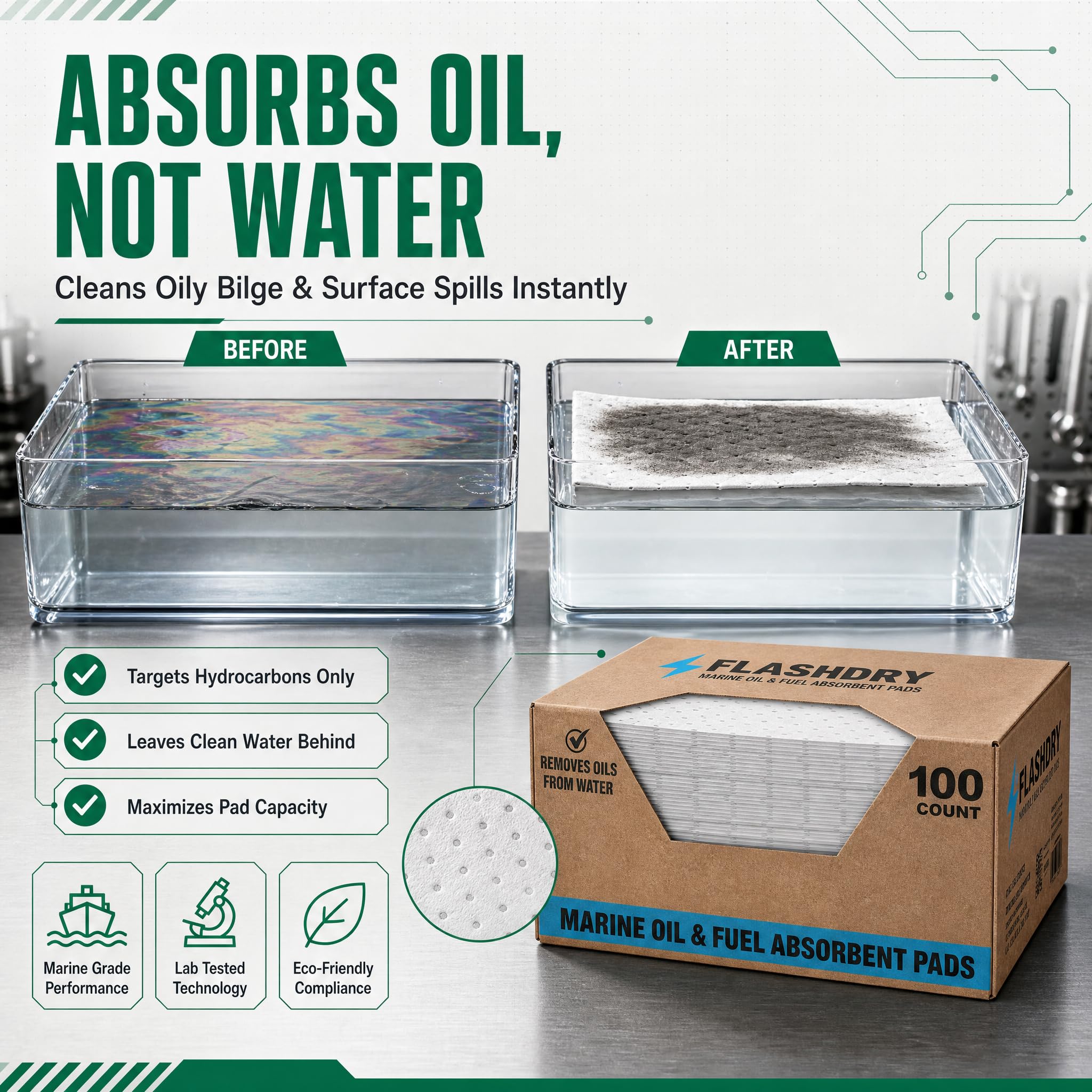 FLASHDRY Almohadillas absorbentes de Aceite Marino y derrames de Combustible – Caja de 100 Unidades, 17.5 x 13.5 Pulgadas, Repelente al Agua, Control eficaz de derrames, protección Marina, Alto
