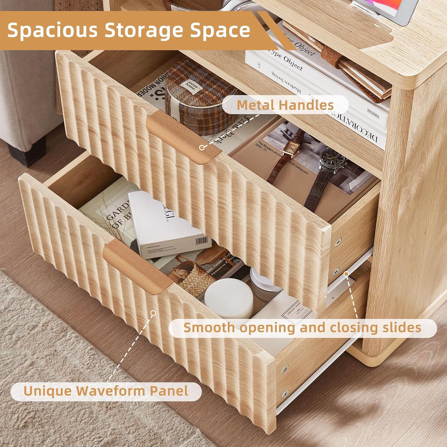 LEYAOYAO Fluted Nightstand with Charging Station, 23" Wide 2 Drawers End Table, Natural Night Stand with Open Storage Cabinet, Farmhouse Bed Side Tables, Wood Dresser for Bedroom, Living Room, Closet 2 Drawers Natural 1