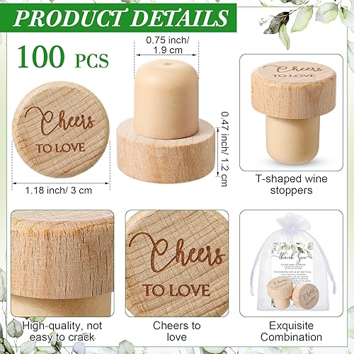 Miniatura 2 de 100 juegos de corchos de vino con madera vegetal, tapones de vino, regalos de boda, tarjetas de agradecimiento, bolsa de organza blanca, tapón de