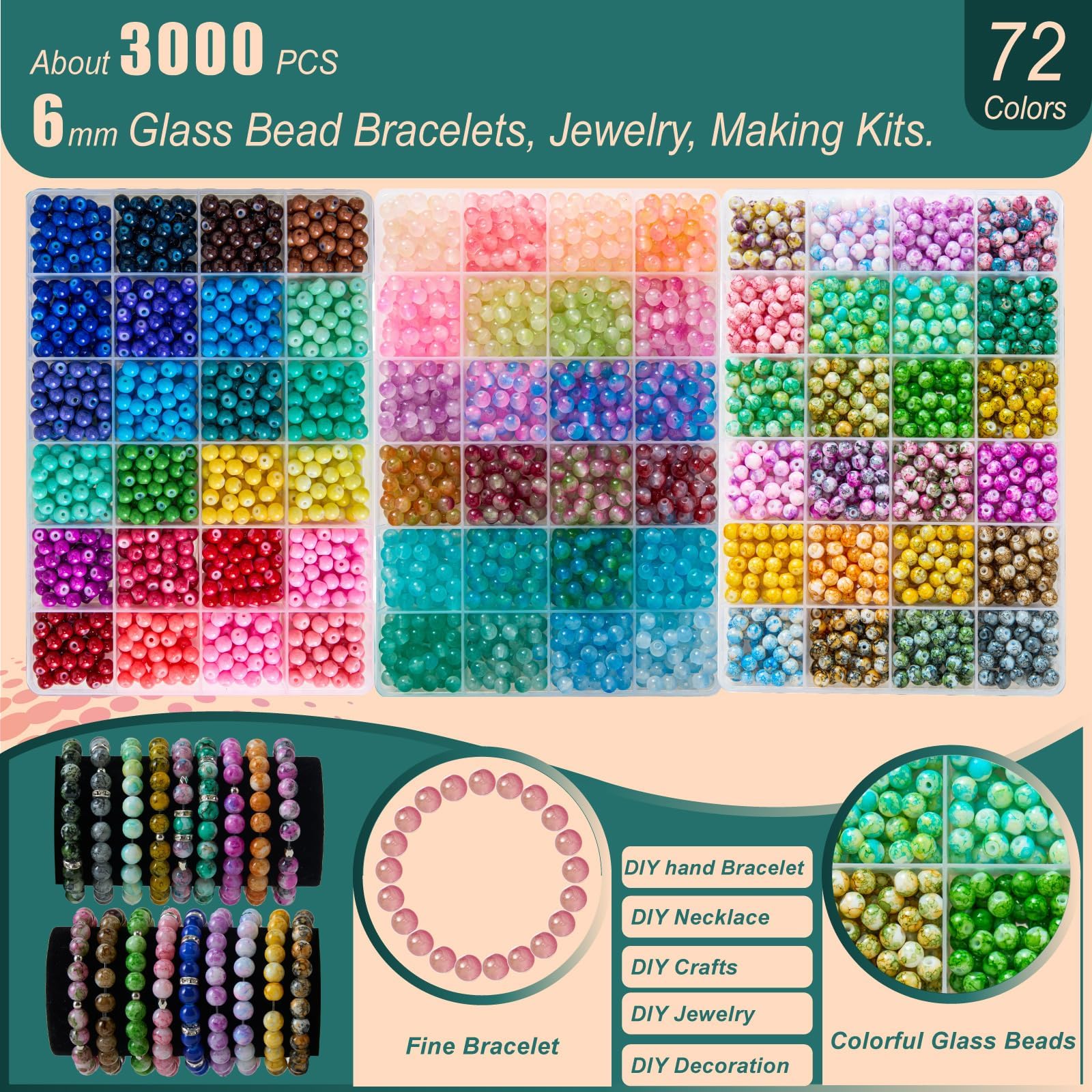 Kit de cuentas de vidrio para hacer joyas, juego de 3 cajas de 24 colores cada uno, 3000 cuentas redondas coloridas para manualidades, pulseras, collares, aretes, llaveros, cuentas de cristal