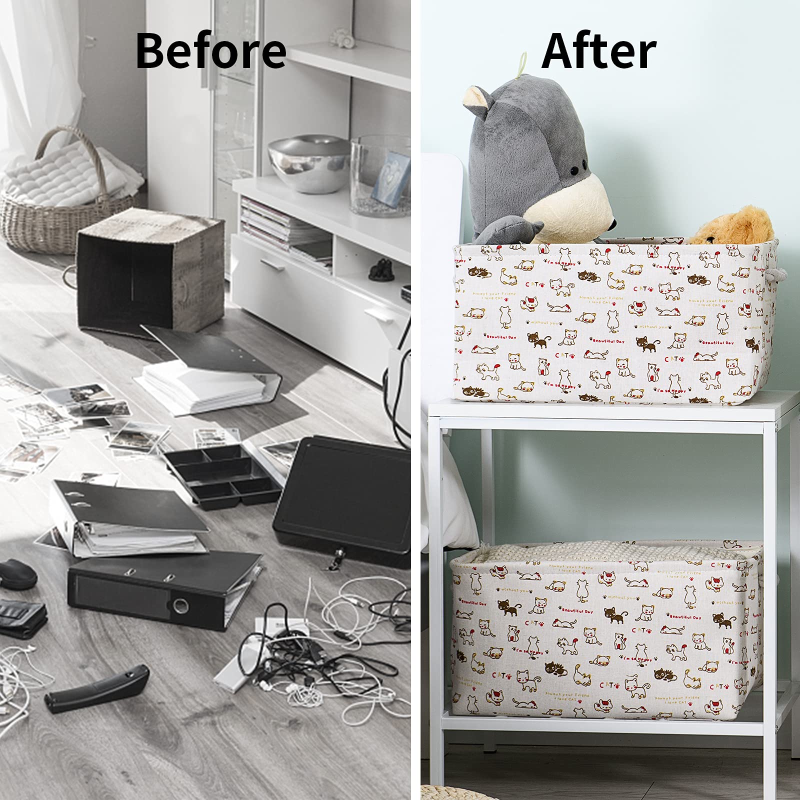 Rechteckige Stoff-Aufbewahrungskörbe für die Organisation (3er-Pack), dekorative Aufbewahrungskörbe für Regale, große Behälter mit Griffen für Schrank, Kleidung, Zuhause, Büro (Kätzchen)
