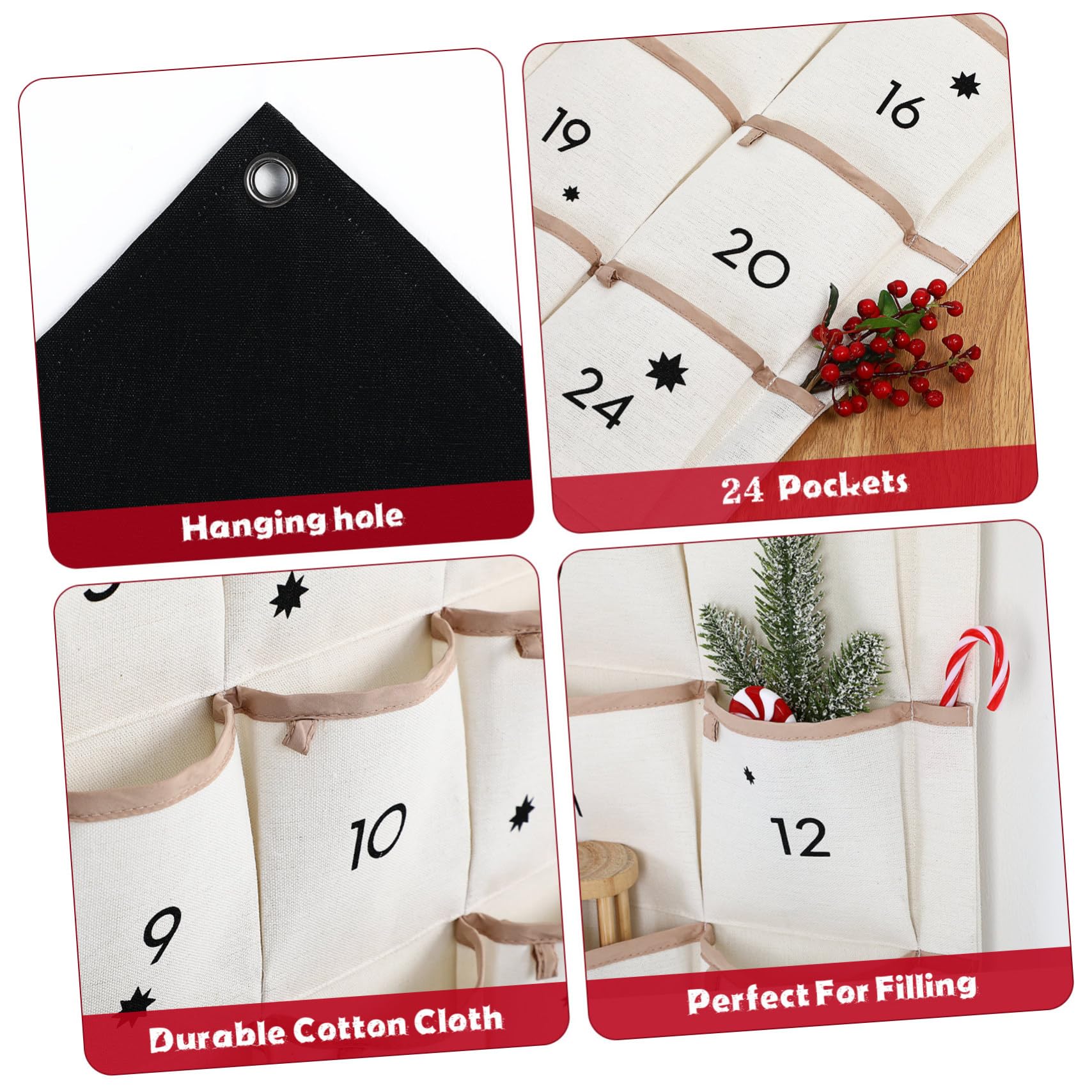 Amosfun Weihnachtlicher Adventskalender Stoffbeutel Fächer Hängend Tür Wand Dekoration Baumwolle Atmungsaktiv Multifunktional Geschenkaufbewahrung
