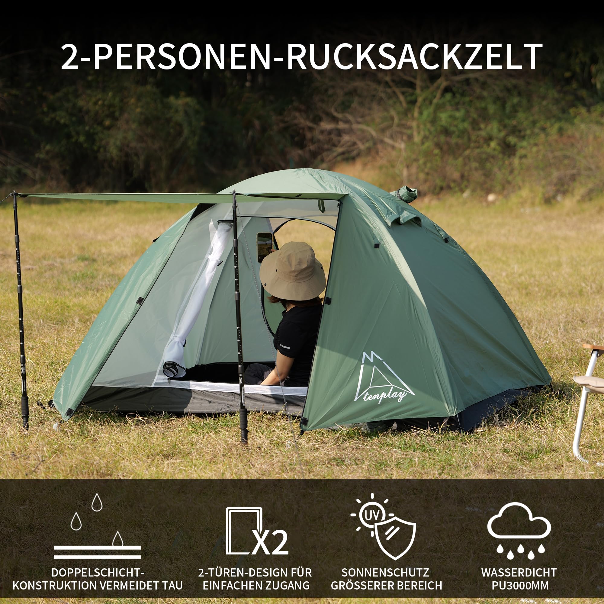 TENPLAY 2-Personen-Zelt, leicht, 2,5 kg, wasserdichtes PU3000 mm, winddichtes, Doppellagiges Campingzelt, 2 Türen, einfacher Aufbau für Wandern, Rucksackreisen, Bergsteigen, Jagd, Wandern