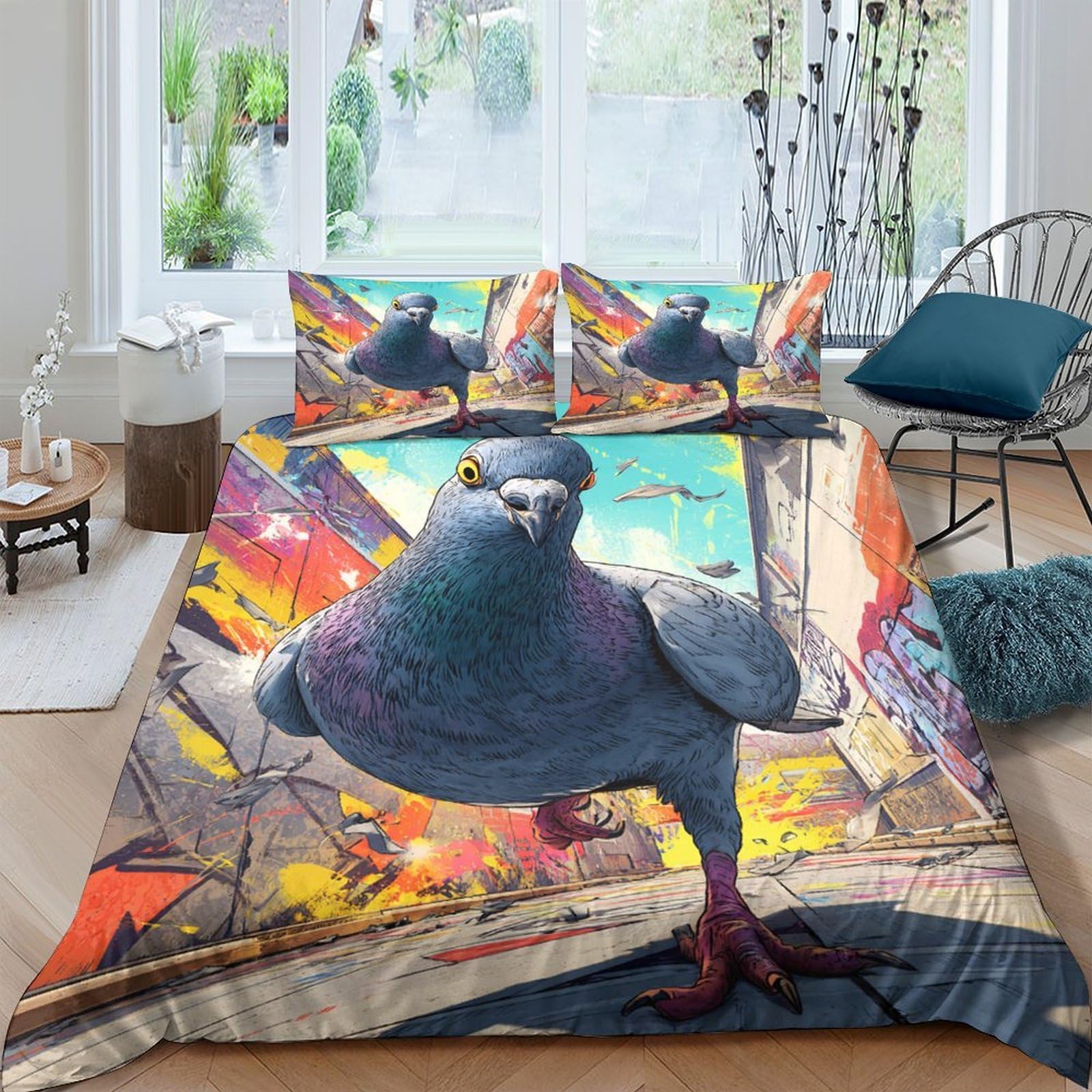 3D Printed Urban Graffiti Pigeon Duvet Cover Set Microfiber Soft Breathable Street Art Quilt Cover with 2 Pillowcases for Bedroom Home Single（135x200cm）