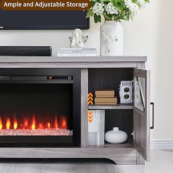 75 Farmhouse Fireplace TV Stand for TVs up to 85, Rustic Entertainment Center with 44 Fireplace Heater, Adjustable Storage Cabinets, Barn Door TV Console with Fireplace, Gray