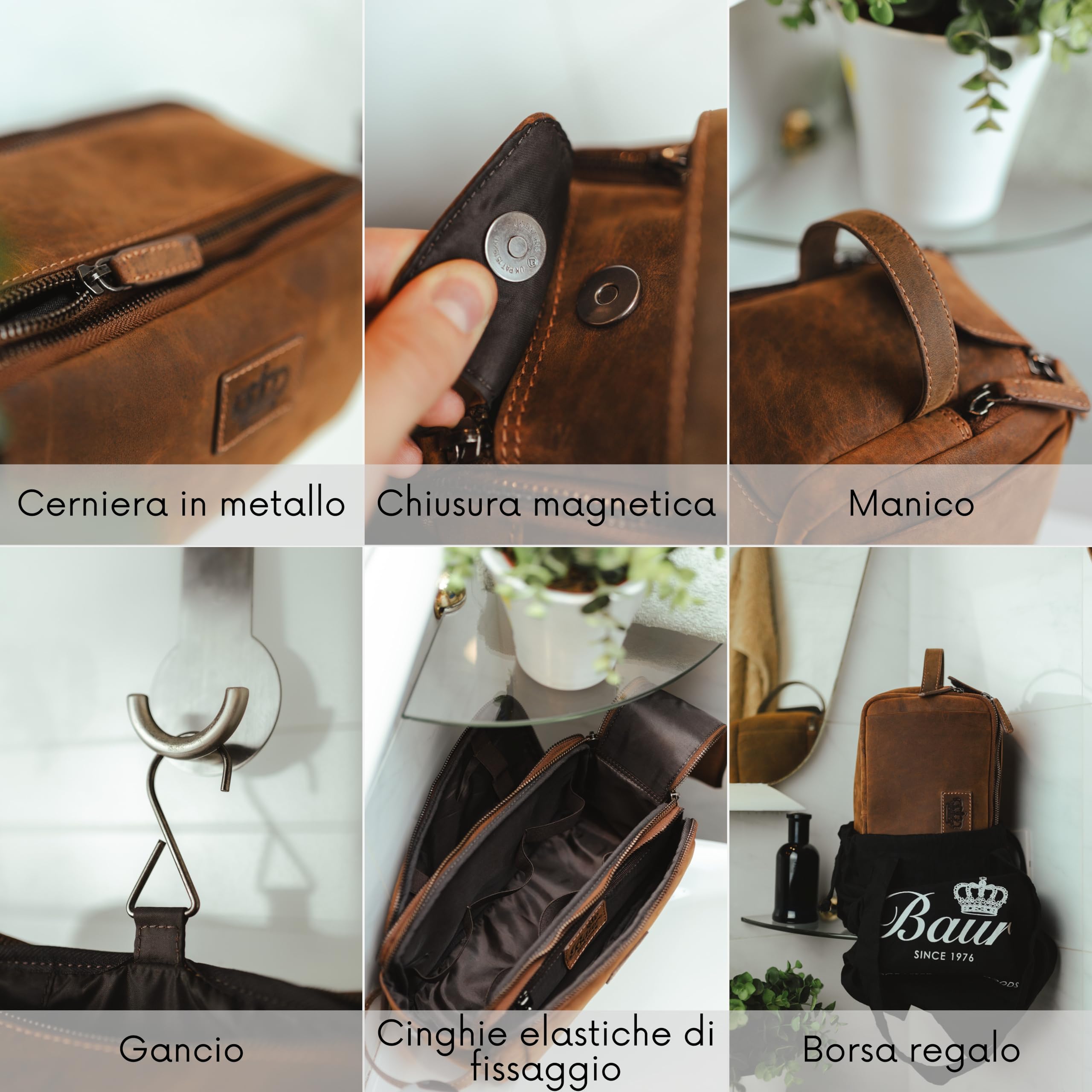 Baur beauty case in vera pelle – grande trousse da viaggio con molto spazio – beauty case da donna e uomo (Pelle di bufalo marrone)