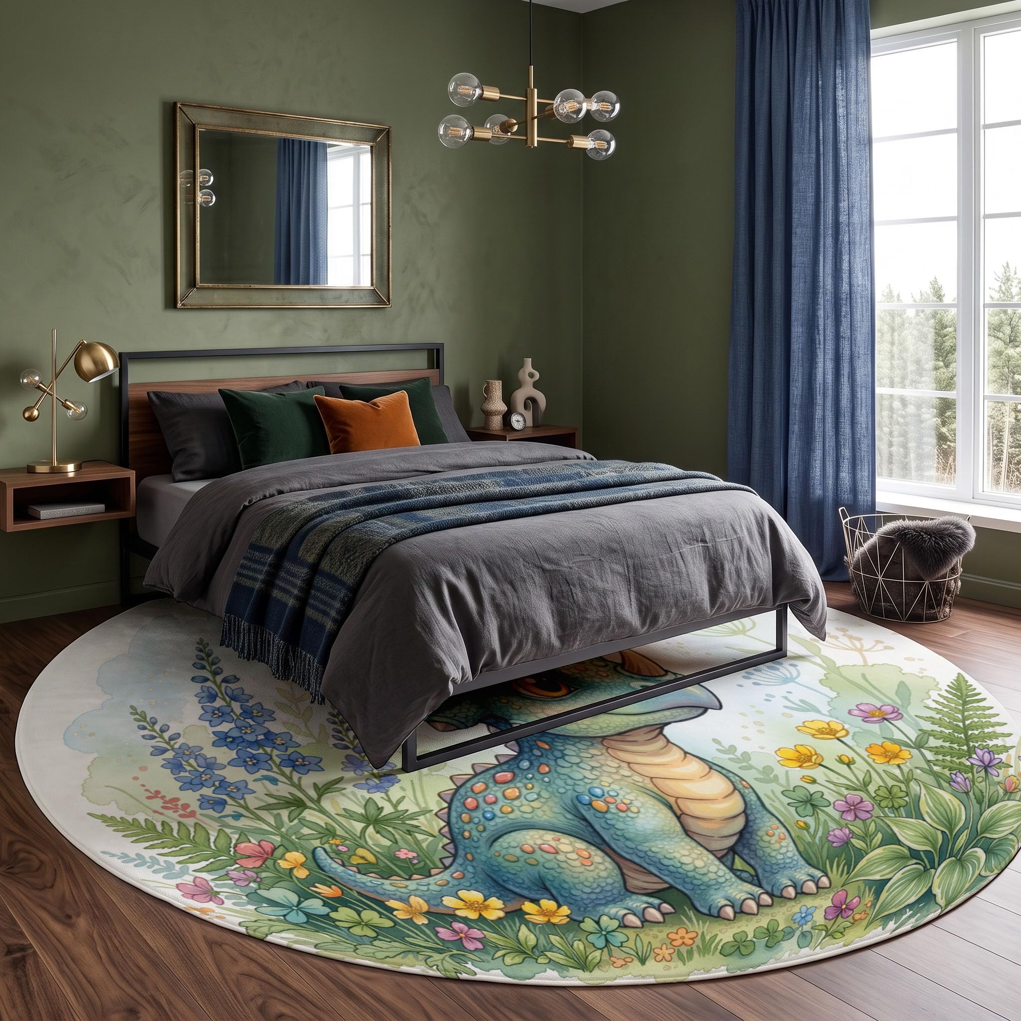 Tapis Salon Rond 100cm Parterre De Fleurs Tricératops Lavable | Antidérapant Poil Ras Tapis Rond Animaux Mignons À L'Aquarelle pour Chambre Salle a Manger Salon Décoration D'intérieur