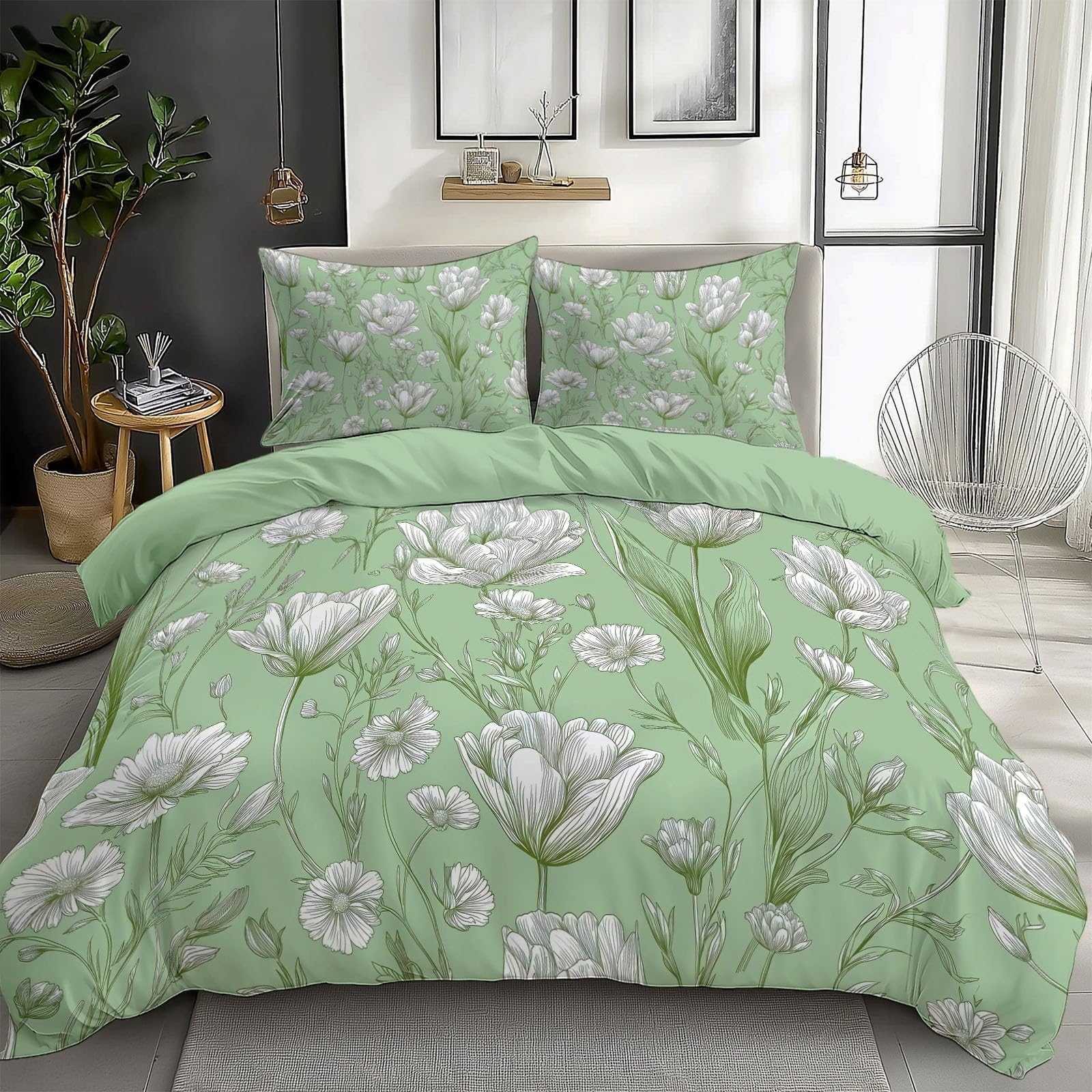 Set copripiumino super king size, in policotone, elegante e delicato, ultra morbido, ipoallergenico, con chiusura a cerniera, verde pallido, 260 x 220 cm