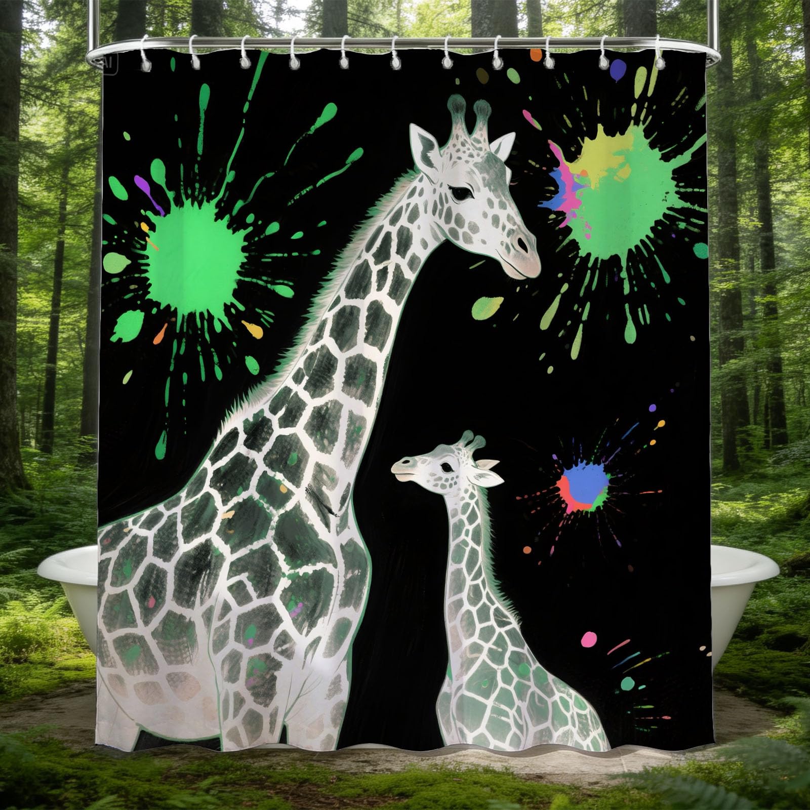 Hongduo 3D Giraffe Parent & Cub Shower Curtain for Stalls Bathtubs Ink Wash Giraffe Bathroom Decor Shower Curtain Set Polyester Fabric Waterproof 200x200cm/79X79 Inch with Hooks
