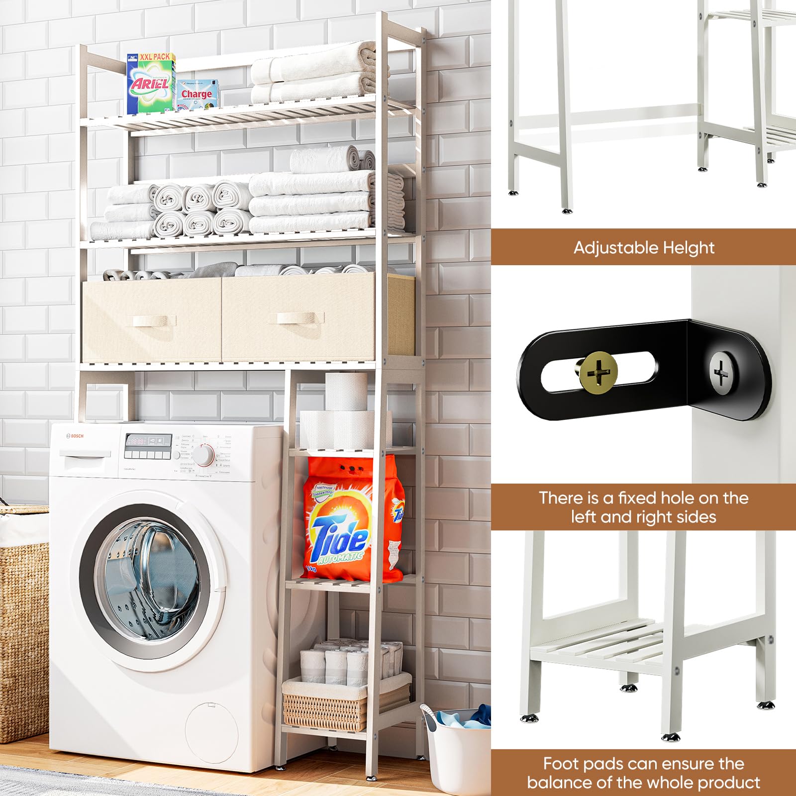 Hitogo Over The Toilet Storage Shelf - Bamboo Bathroom Organizer with Basket Drawer, Adjustable Shelf and Waterproof Feet Pad - Space Saver Storage Rack for Restroom, Laundry (White)