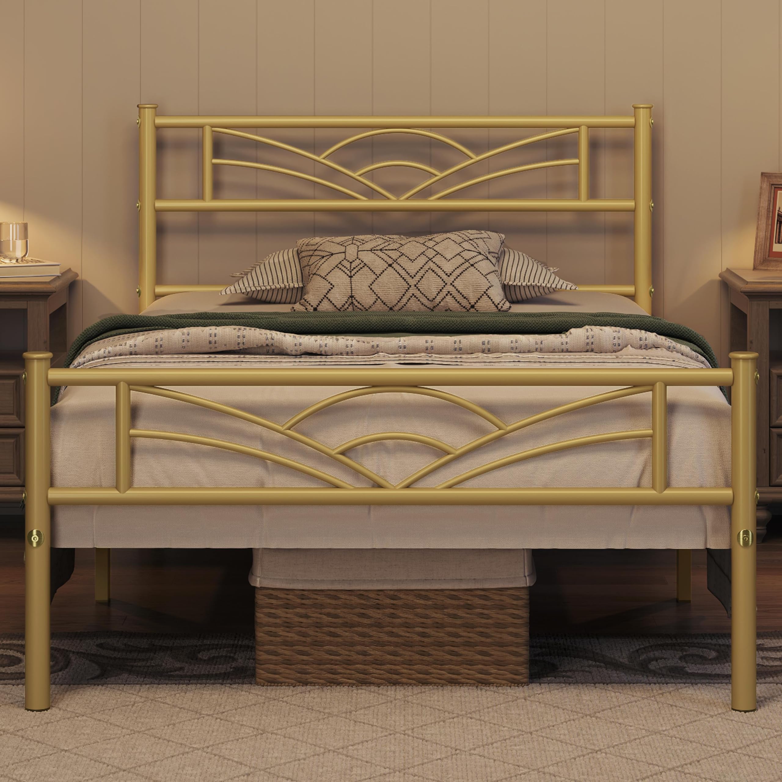 costoffs 3ft Single Bed, Solid Metal Bed Frame, Slatted Bed Base with Cloud-inspired Design Headboard and Footboard for Teenagers Adults, Antique Gold