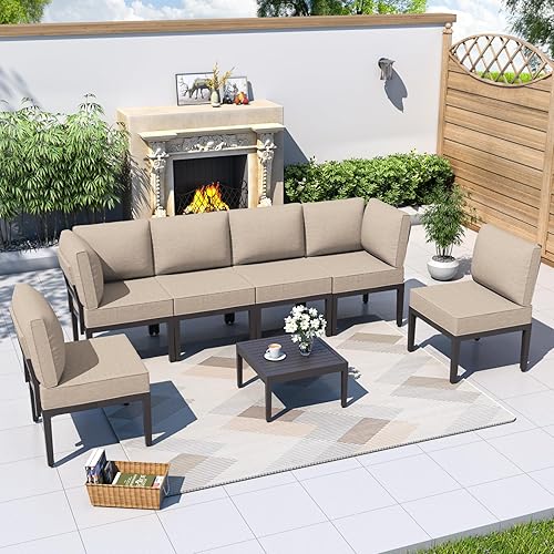 Kurapika 7 Pieces Metal Patio Furniture Set Modern Metal Outdoor Conversation Sets, Patio Sectional Sofa w/5 Inch Cushion and Coffee Table, Sand
