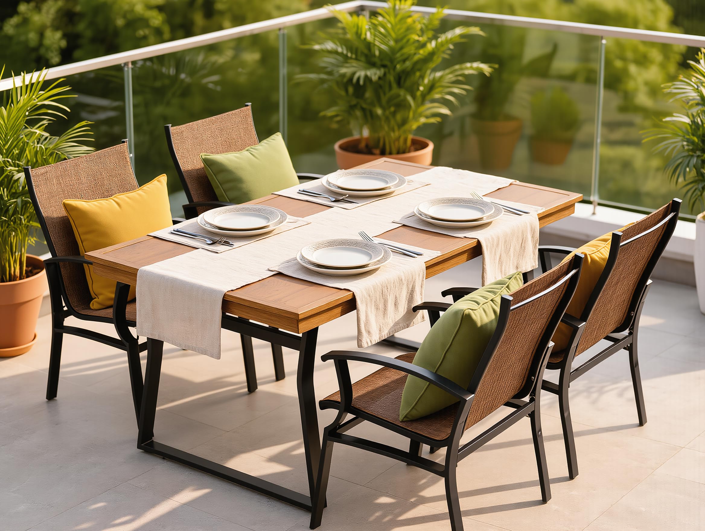 Set Pranzo da Giardino 5 Pezzi HAVANA – Tavolo Rettangolare 150x90 cm Vetro Temperato Effetto Legno + 4 Poltrone Textilene Traspirante con Braccioli Struttura Alluminio Antracite Arredo Giardino