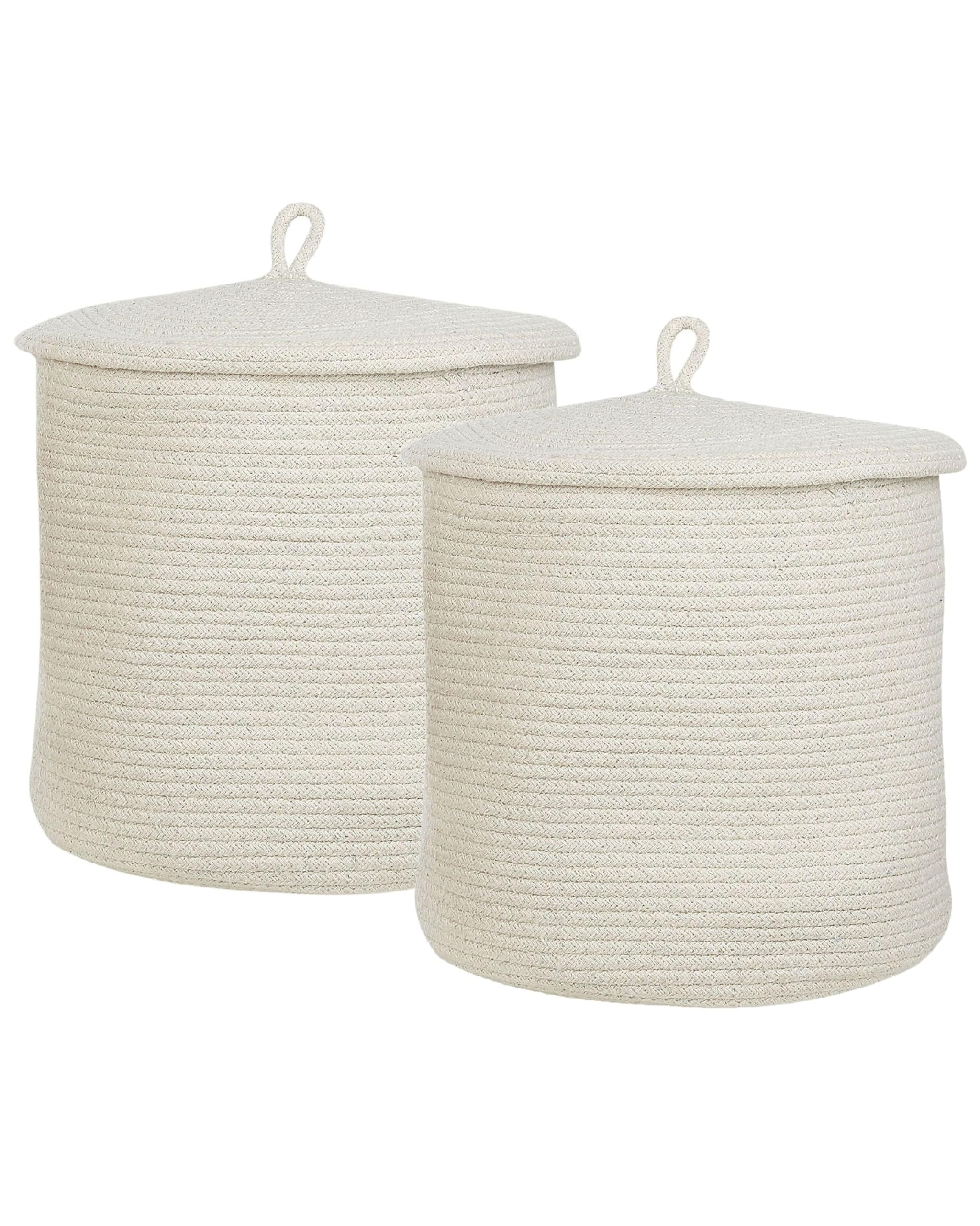 Korb 2er Set Baumwolle cremeweiß geflochten mit Deckel Boho-Design Silopi
