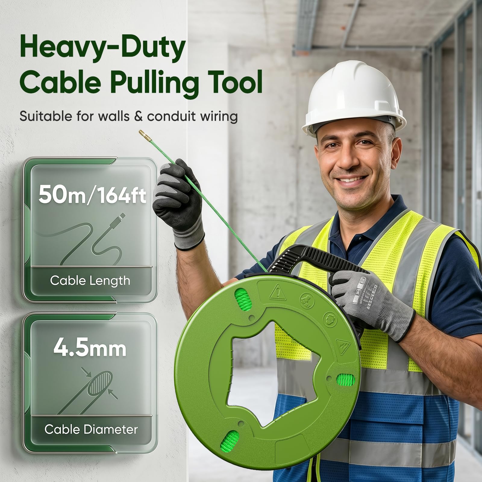 50m Guia Pasacables, 4,5mm Guia Electricista con 6 Adaptadores, Pasacables Cable Eléctrico de Poliéster, Guia Cables Espiral Ayuda de Extracción de Cables para Tirar de Cable