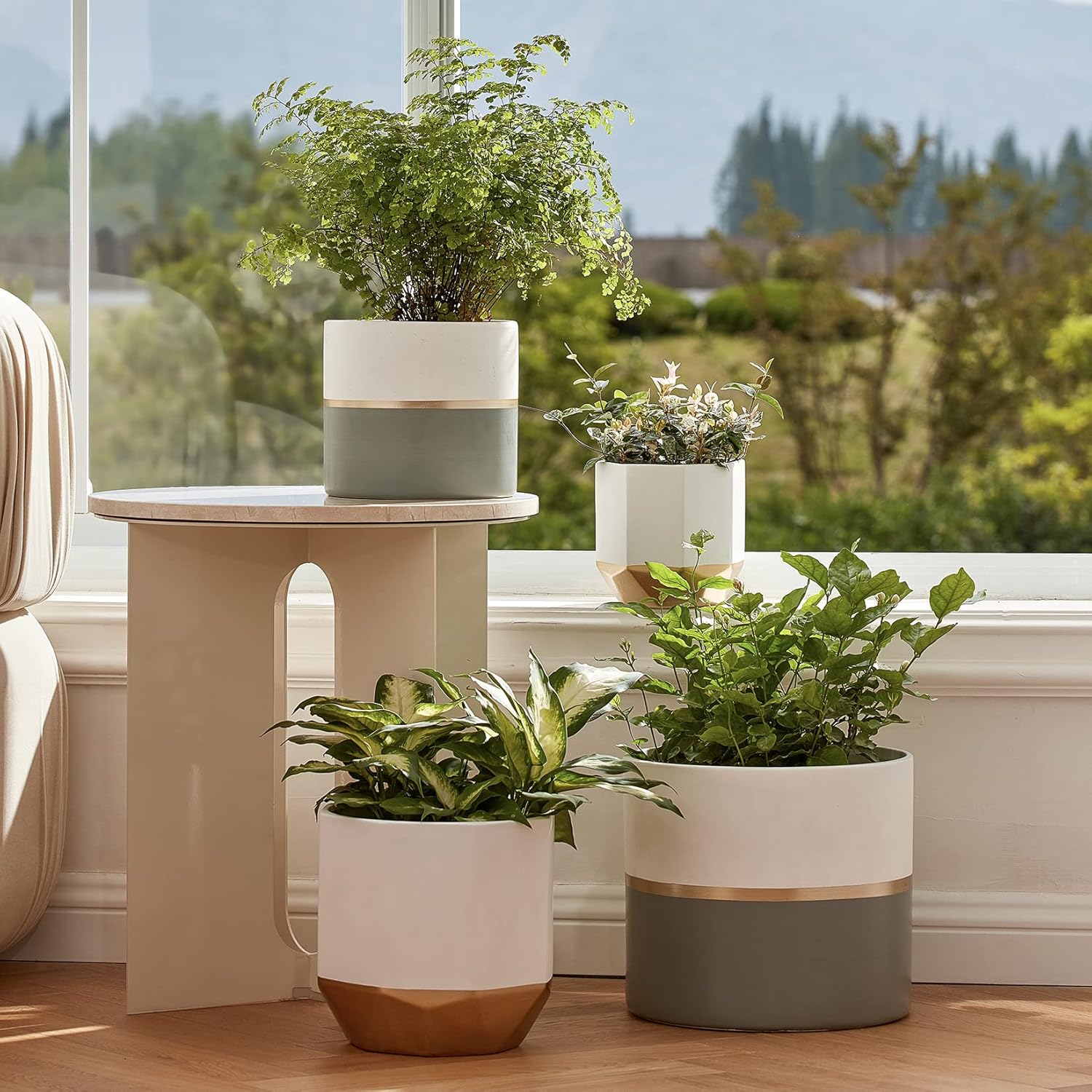 LA JOLIE MUSE White Ceramic Flower Pot Garden Planters 6.7 Inch Pack 2 Indoor Plant Containers with Gold and Grey Detailing : Patio, Lawn & Garden