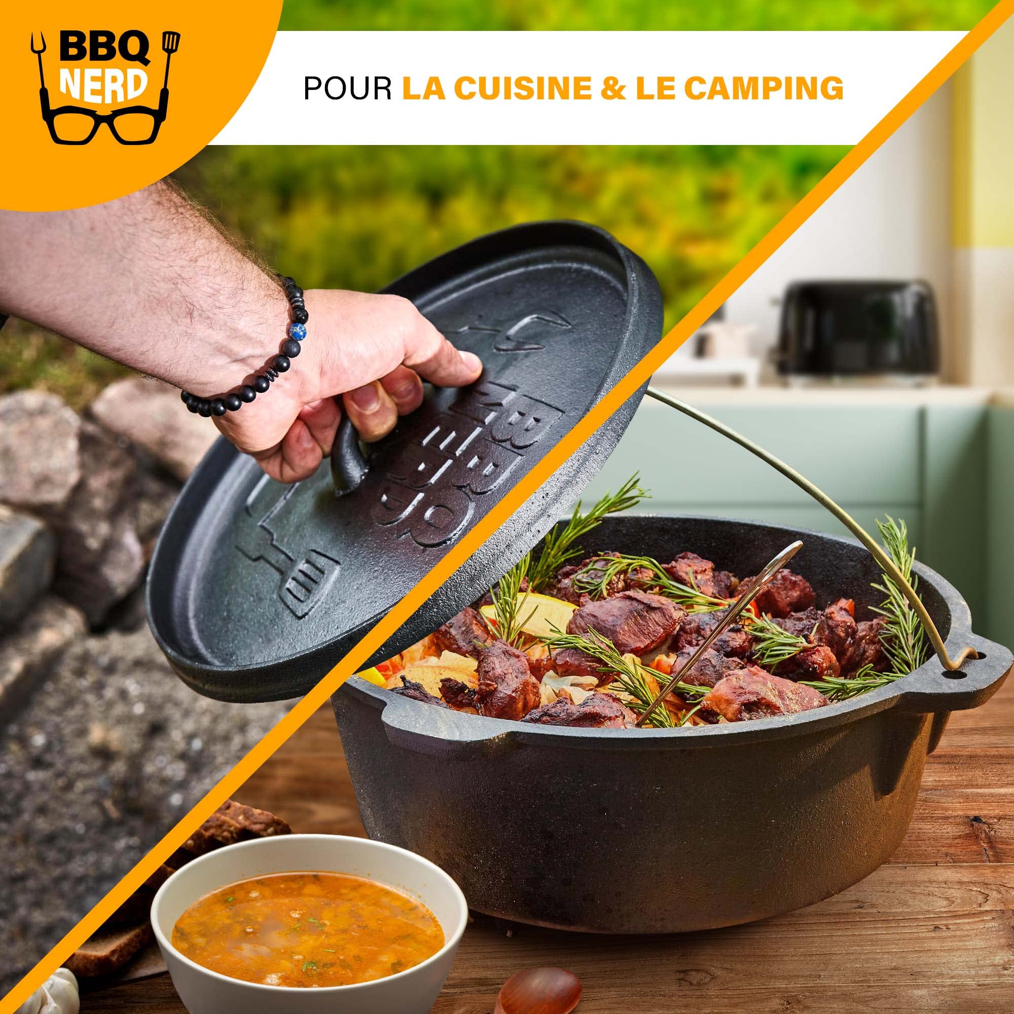 Marmite en fonte Dutch Oven BBQ-Nerd 3,1 l avec pieds déjà brûlé Preseasoned pour camping