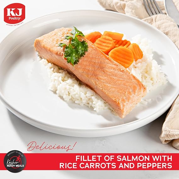 KJ Poultry Kosher Ready Meals - Salmon Fillet Fish, Parve MRE Meal Ready to Eat, Protein Food, Halal, (2 Pack) Prepared Entree Fully Cooked, Shelf Stable Microwave Dinner, Travel, Military, Camping