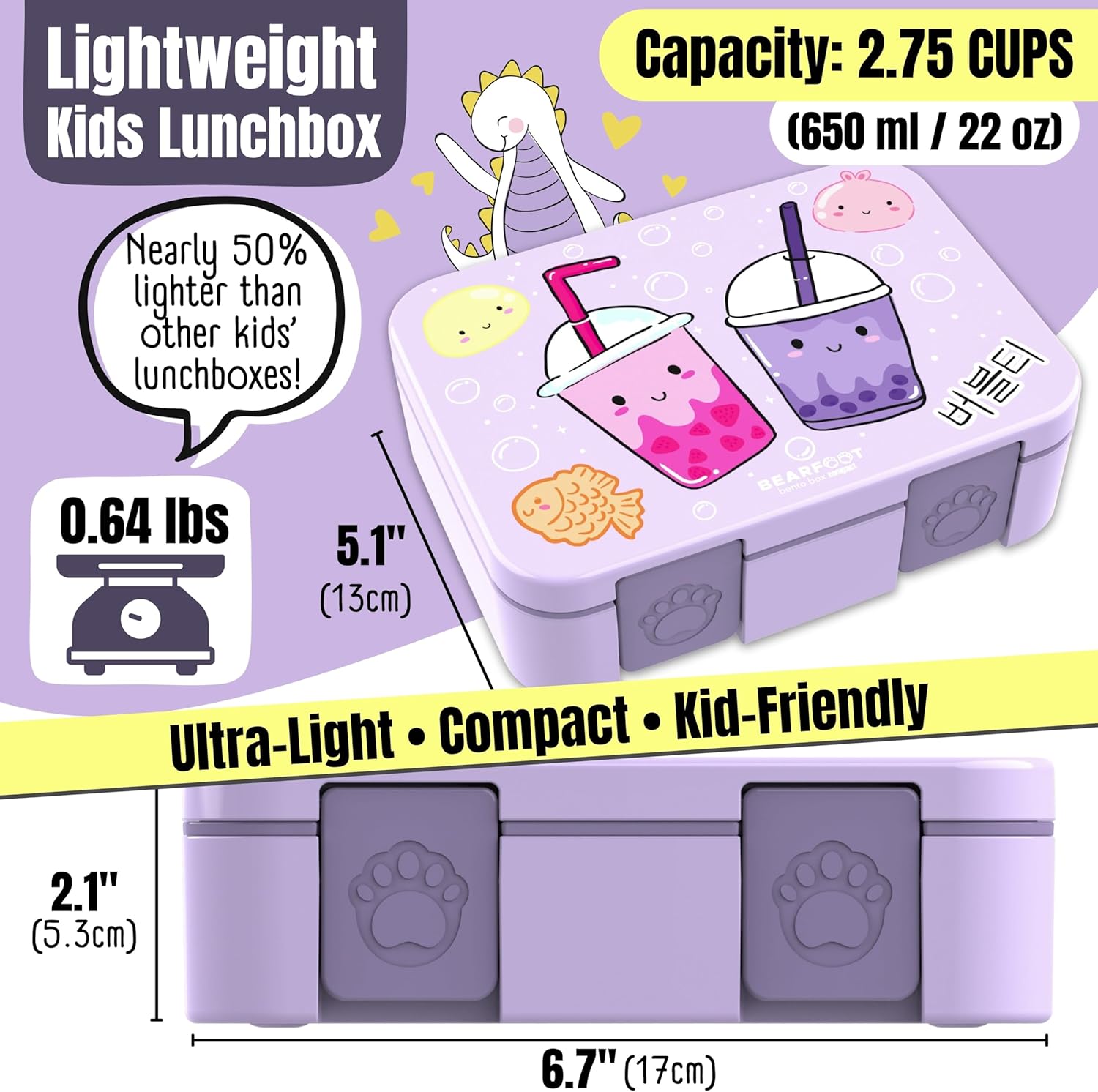 BEARFOOT Kids Lunch Box with Compartments – Compact & Lightweight | Leak-Proof, BPA-Free, Dishwasher Safe | Hand-Drawn Design for Preschool, School, Travel (BubbleTea Purple, 2.75 Cups) - Image 5